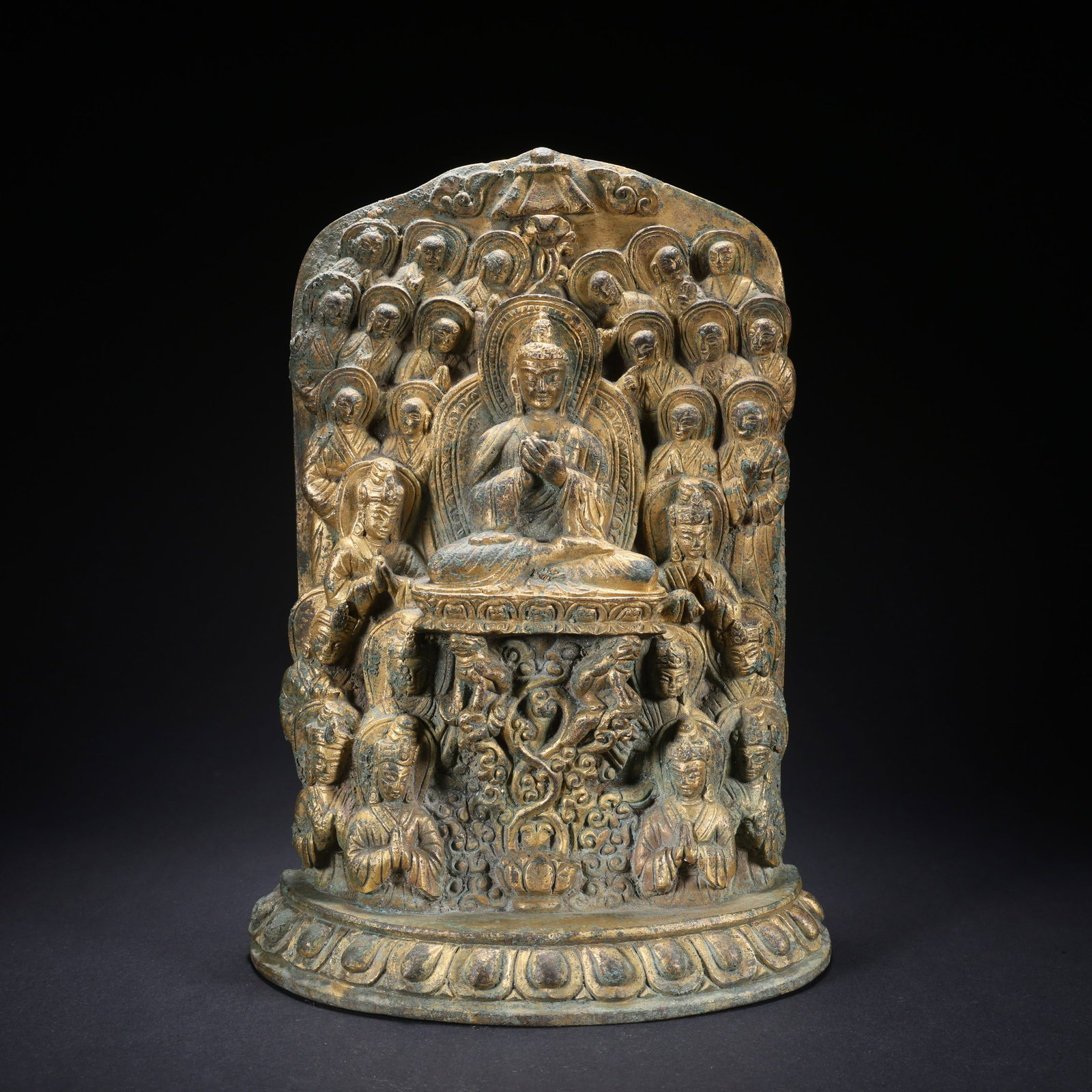 A GILT BRONZE "TEN THOUSAND BUDDHAS PAYING HOMAGE" FROM SWAT (1 of 9)