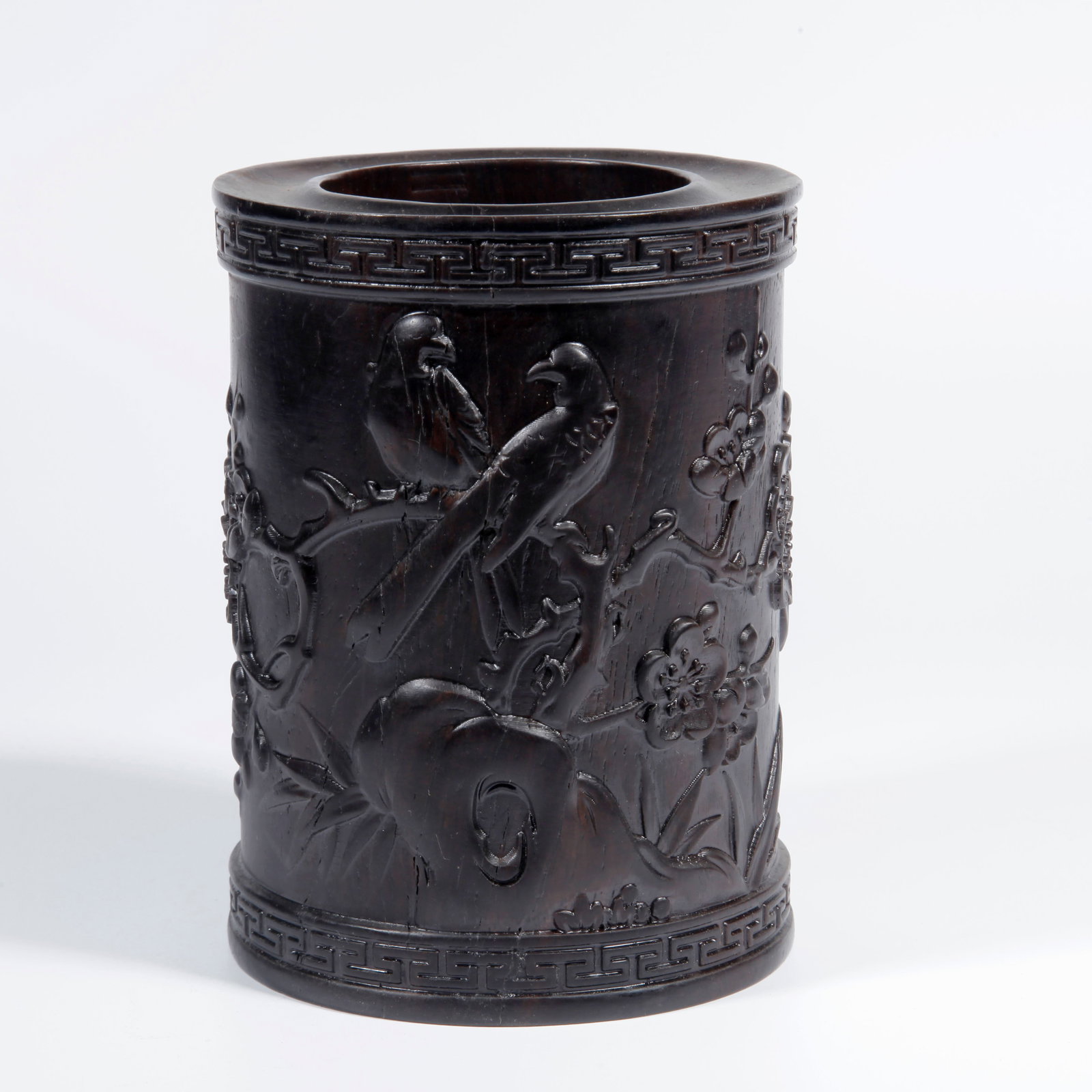 A ZITAN WOOD CARVING FLOWER AND BIRD PATTERN BRUSH HOLDER (1 of 9)