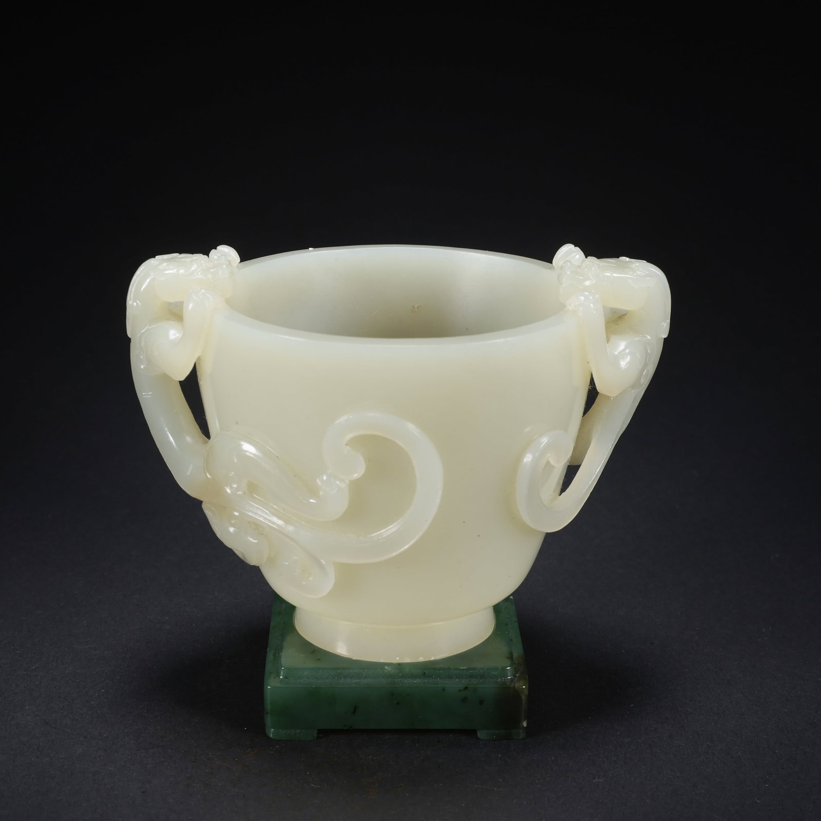 A HETIAN JADE DOUBLE-DRAGON CUP ON JASPER BASE (1 of 9)