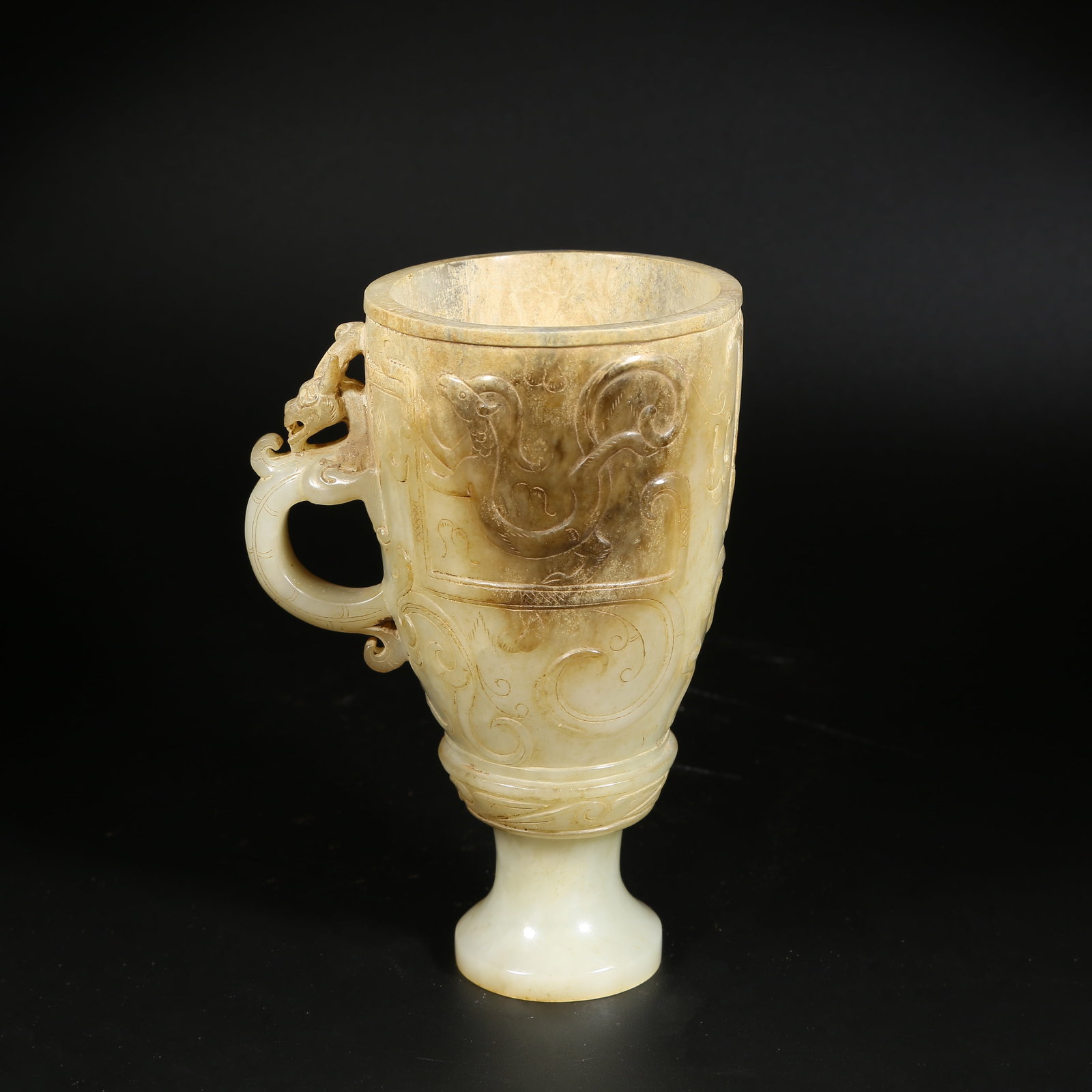 A ANCIENT JADE HIGH-FOOTED CUP WITH CHI-DRAGON MOTIF (1 of 9)