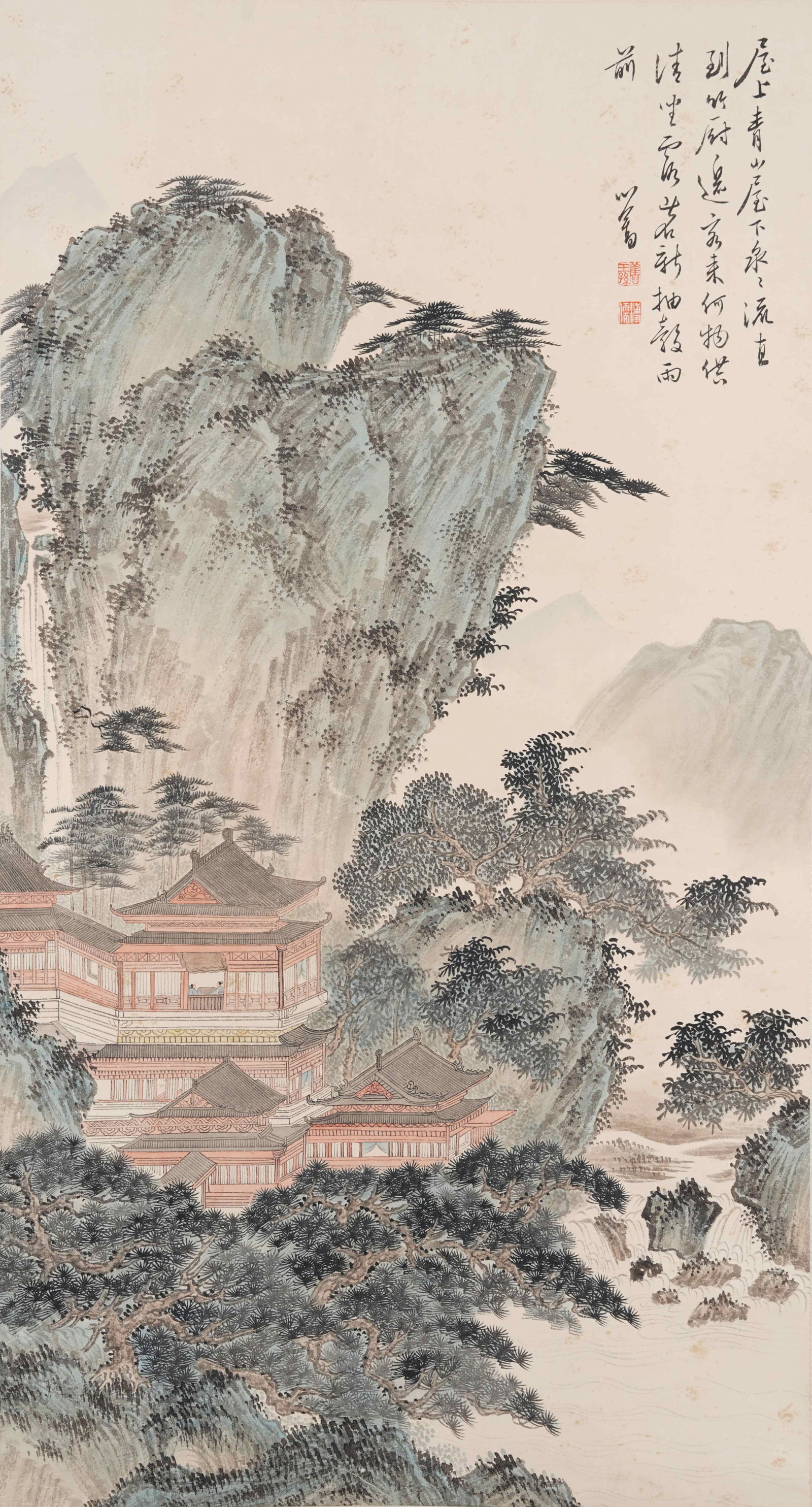 A LANDSCAPE WITH PAVILIONS PAINTING ON PAPER BY PU RU.溥儒: Landscape with Pavilions Painting on Paper by Pu Ru.溥儒