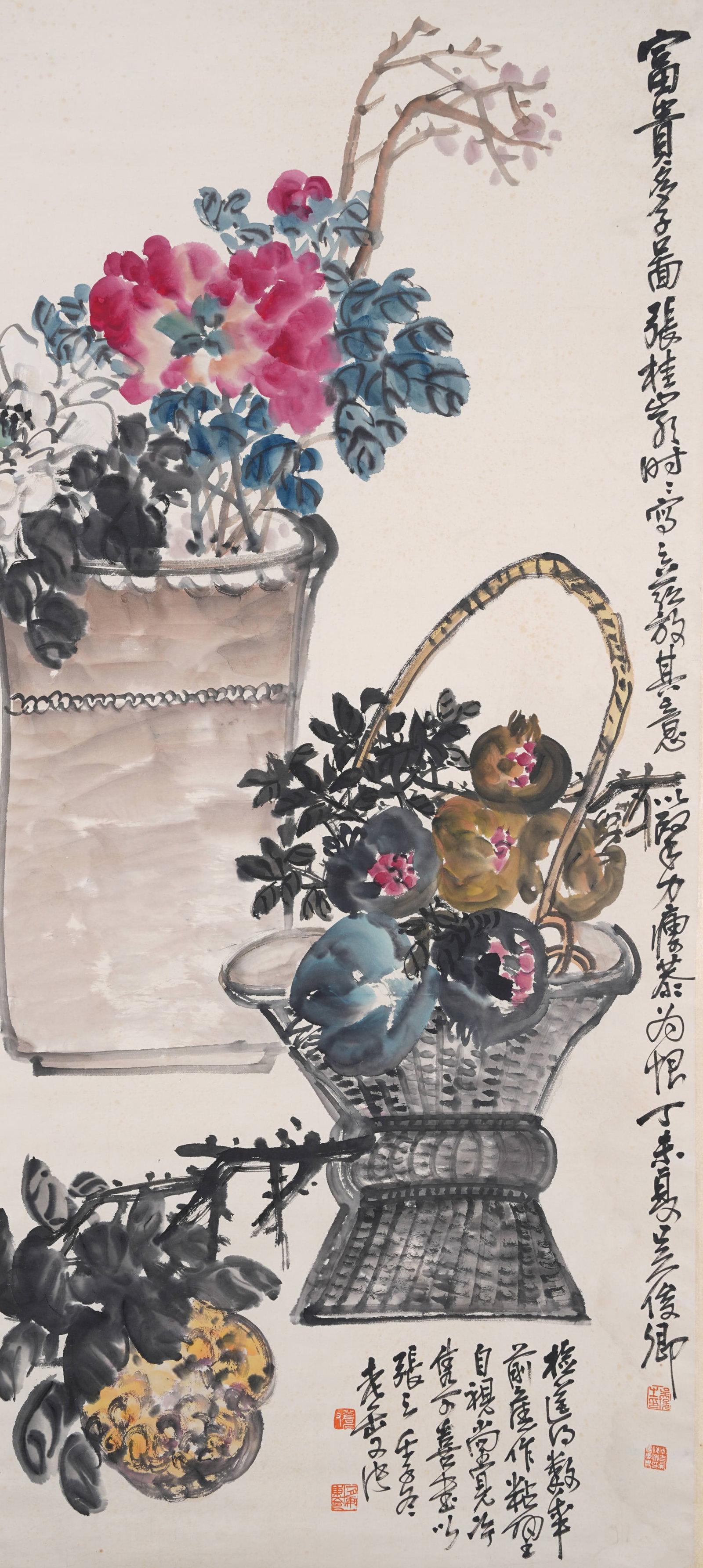 A "PROSPERITY AND MANY SONS" PAINTING ON PAPER BY WU CHANGSHUO.吳昌碩: "Prosperity and Many Sons" Painting on Paper by Wu Changshuo.吳昌碩