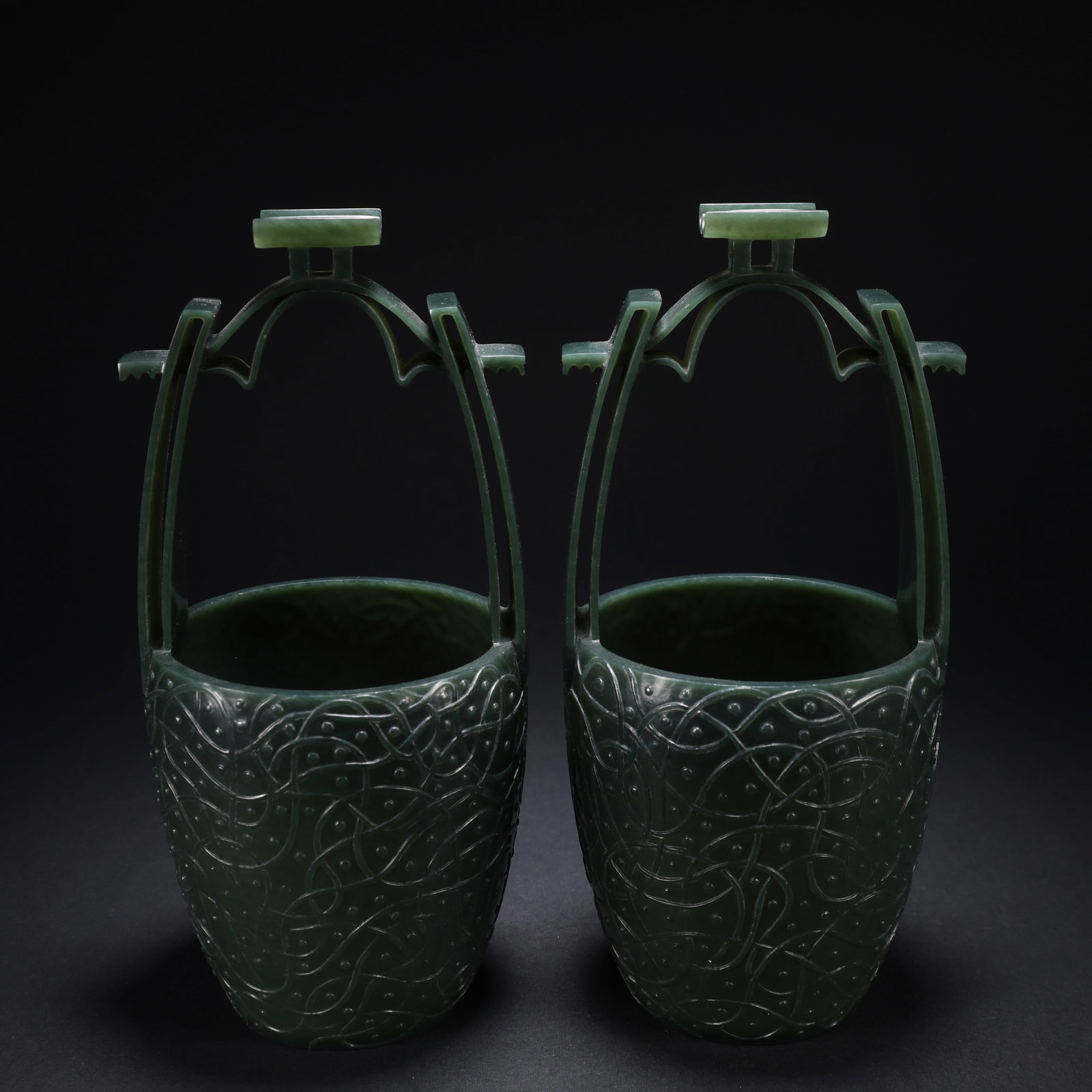 A HETIAN JASPER BUCKET WITH HANDLE, PAIR (1 of 9)