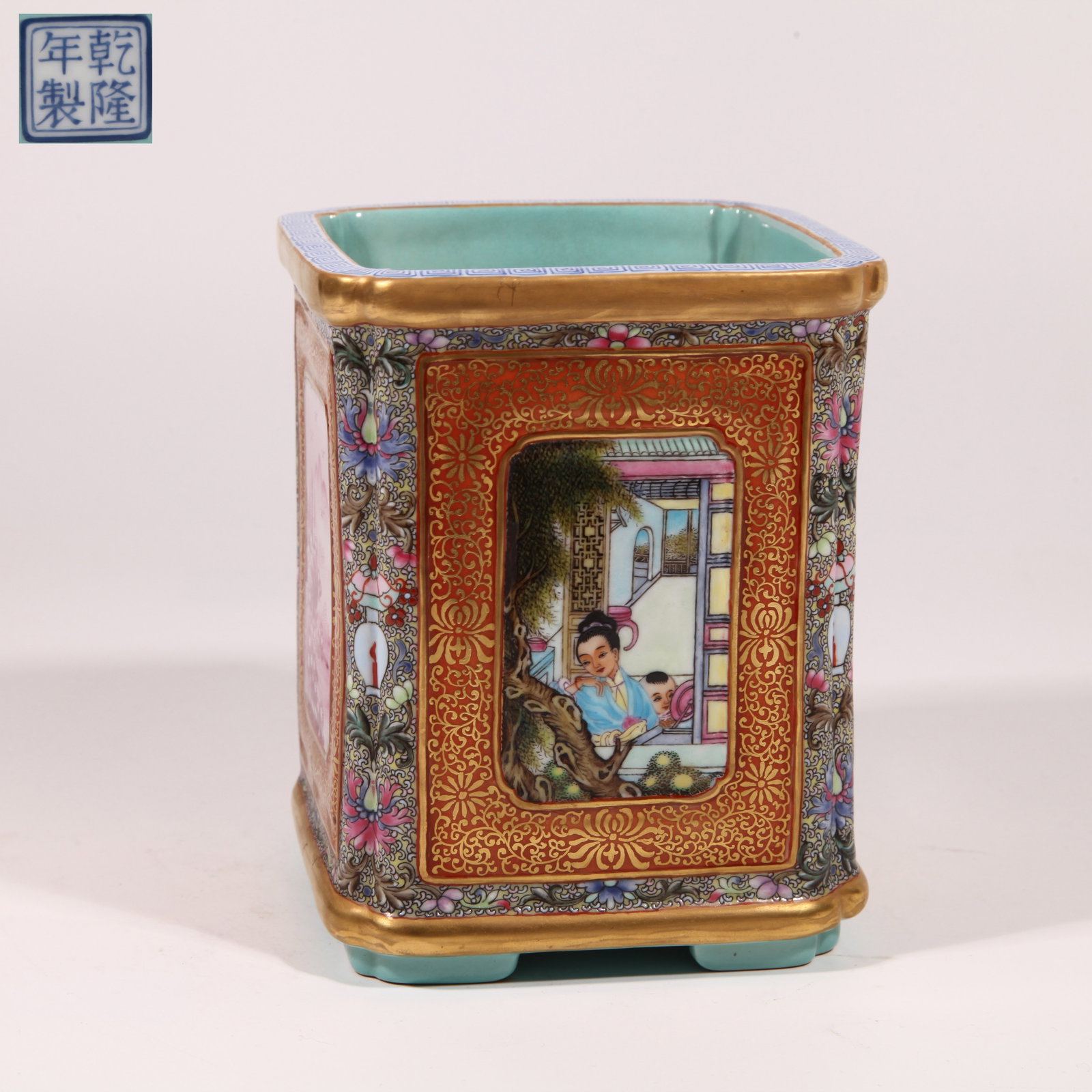 A SQUARE JAPANESE-STYLE BRUSH POT WITH FIGURE STORY SCENE IN FAMILLE-ENAMEL (1 of 9)
