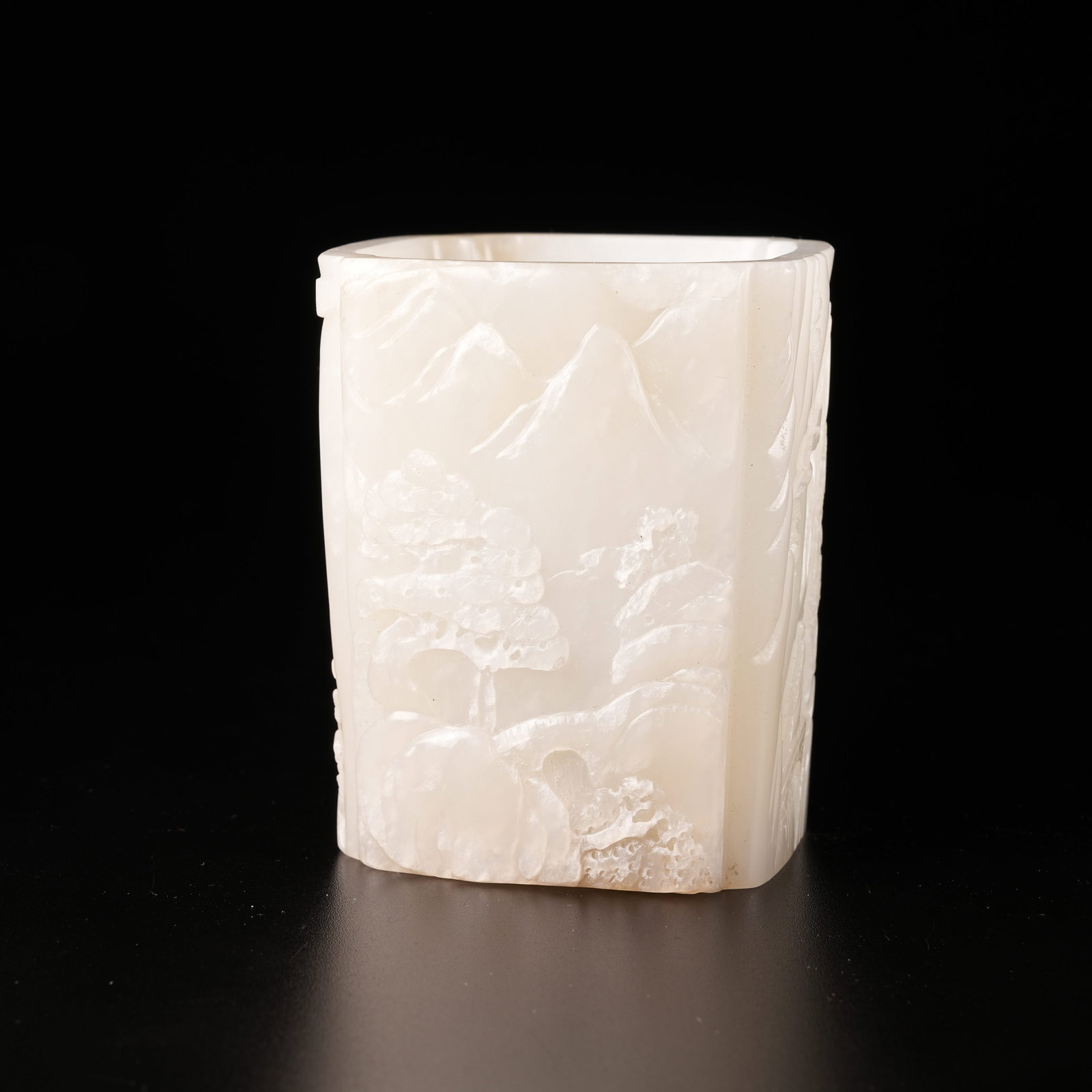 A HETIAN JADE LANDSCAPE PATTERN SQUARE CORNERED BRUSH HOLDER (1 of 9)
