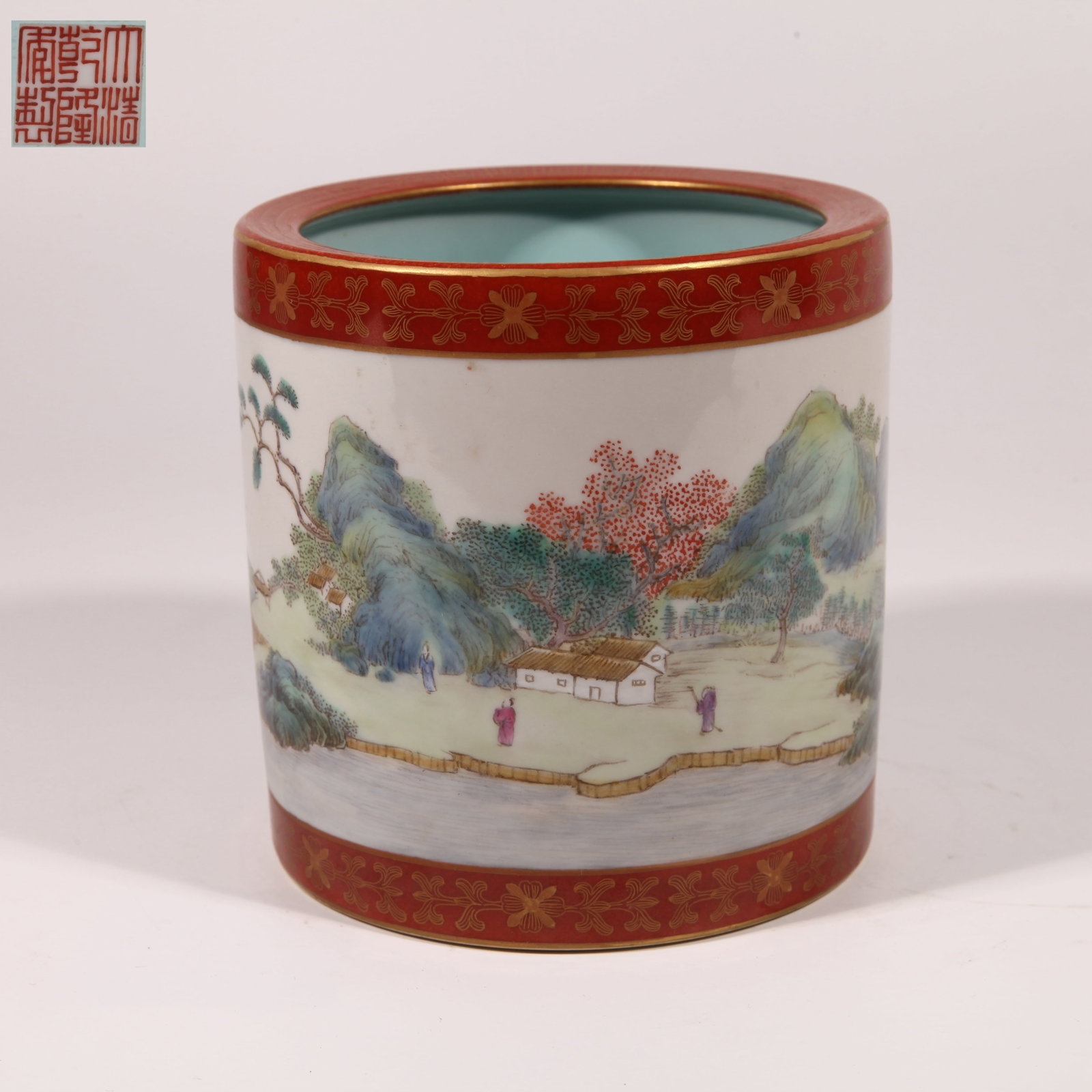 A BRUSH POT WITH LANDSCAPE SCENE THROUGH WINDOW ON CORAL-RED GROUND IN WUCAI (1 of 9)