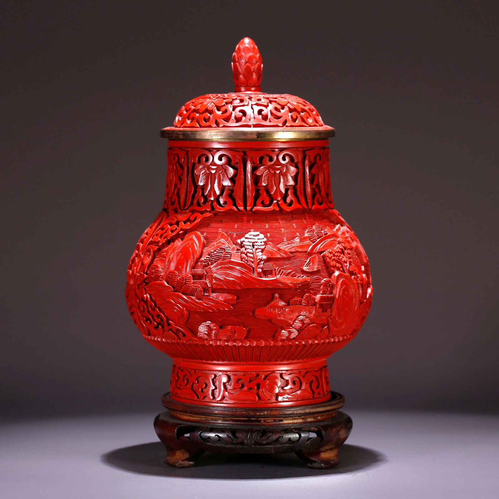A CINNABAR LACQUER COVERED VASE WITH LANDSCAPE PATTERN (1 of 10)