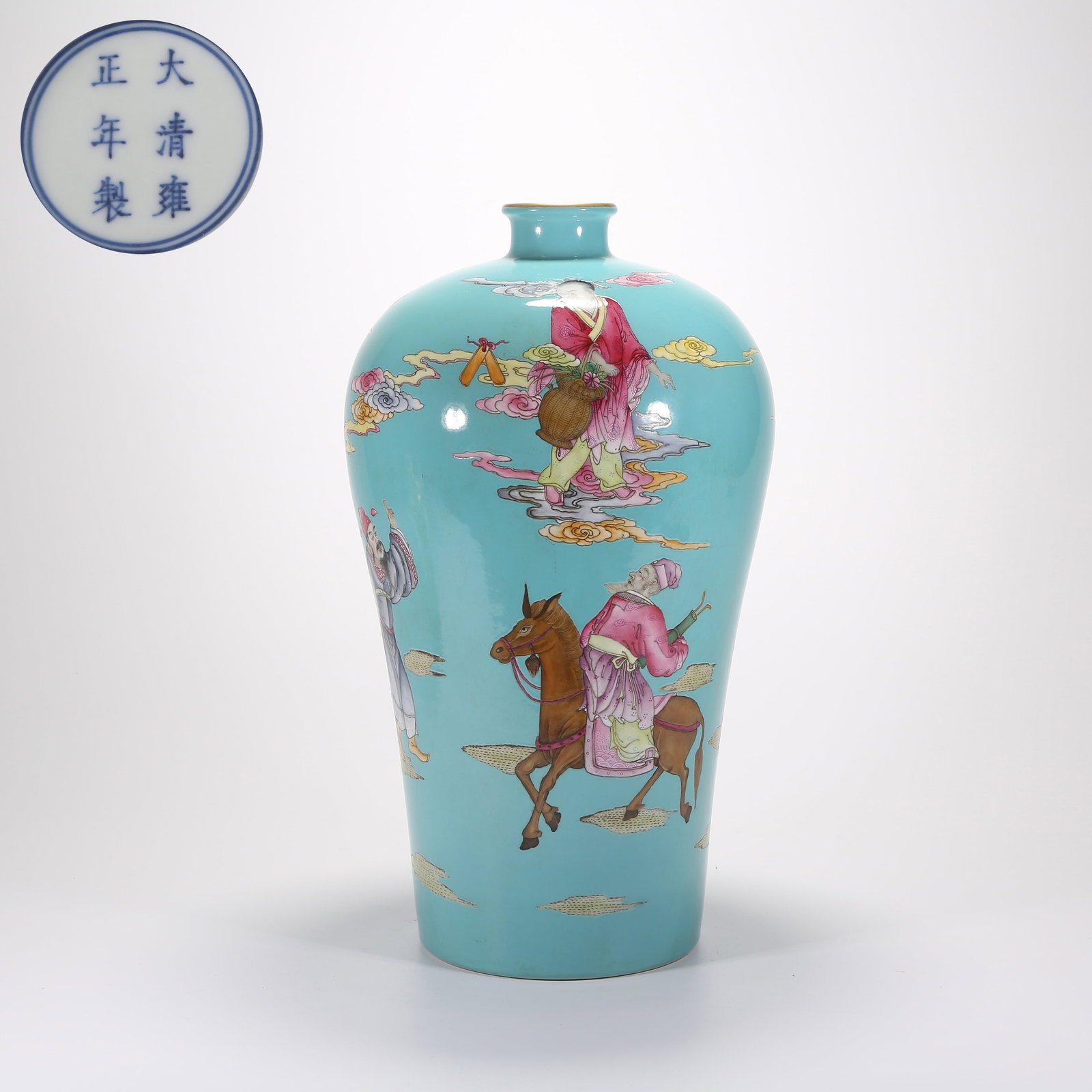 A TURQUOISE-GROUND FAMILLE-ROSE MEIPING VASE WITH EIGHT IMMORTALS PRESENTING LONGEVITY (1 of 9)