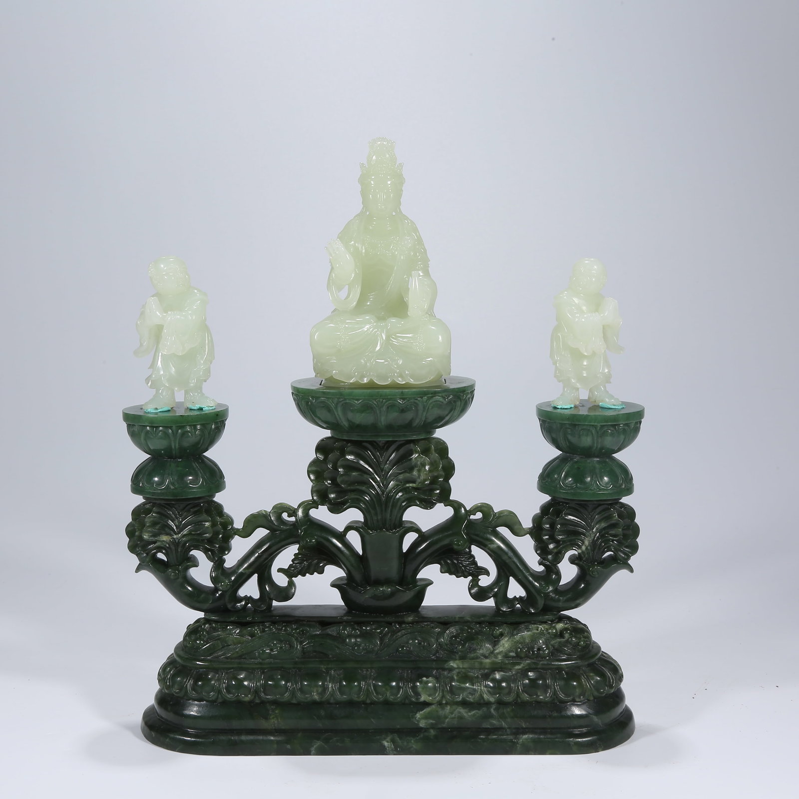 A HETIAN JADE PURE WATER VASE WITH GUANYIN, SUDHANA, AND DRAGON MAIDEN SET ON BIYU JADE BASE (1 of 10)