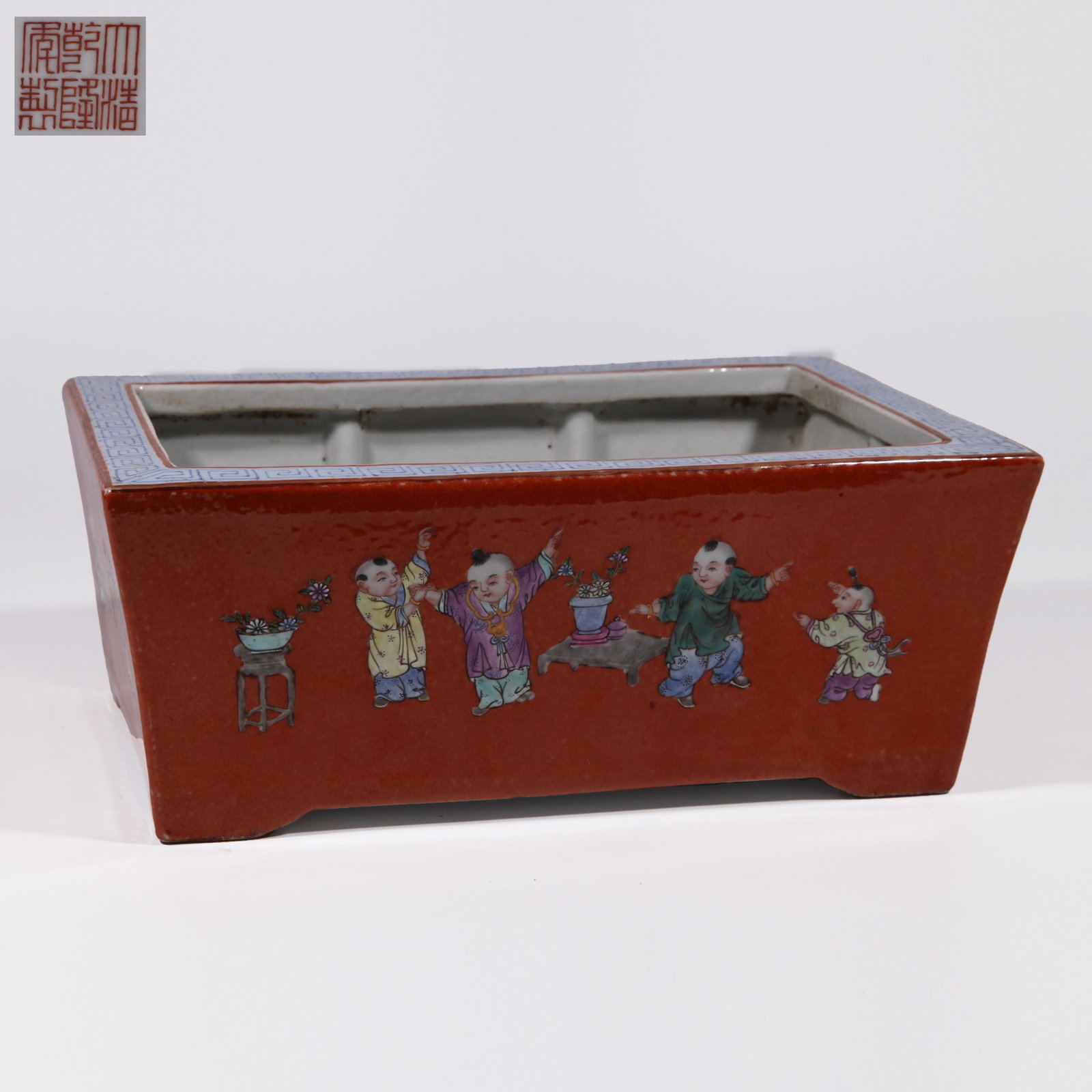 A NARCISSUS BASIN WITH CHILDREN PLAYING SCENE ON CORAL-RED GROUND IN WUCAI (1 of 8)