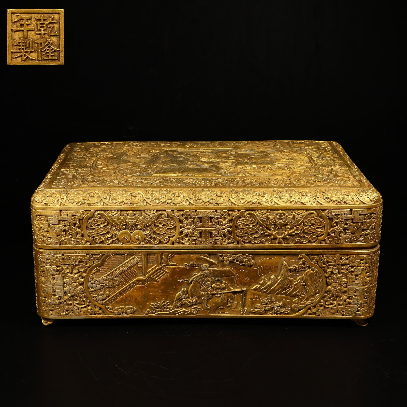 A GILT-BRONZE COVERED BOX WITH "BOY PRESENTING LONGEVITY" DESIGN: Gilt-Bronze Covered Box with "Boy Presenting Longevity" Design