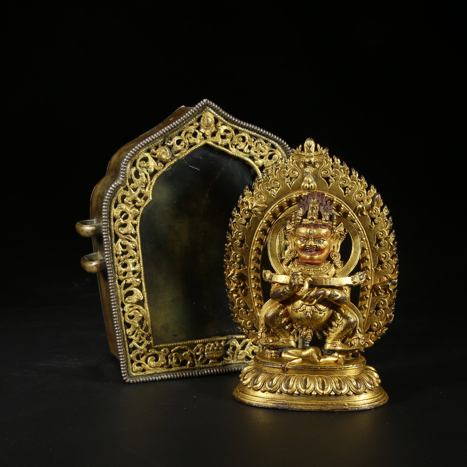 A GILT BRONZE TWO-ARMED MAH?K?LA WITH GAU BOX (1 of 8)