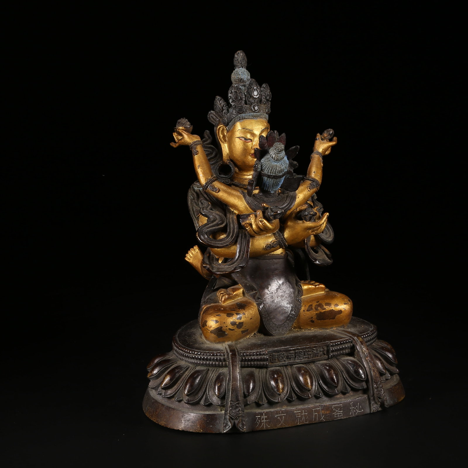 A GILT AND BRONZE ALLOY SIX-TIERED BUDDHIST TOWER STYLE SECRET ACCOMPLISHMENT MANJUSHRI STATUE: Gilt and Bronze Alloy Six-Tiered Buddhist Tower Style Secret Accomplishment Manjushri Statue