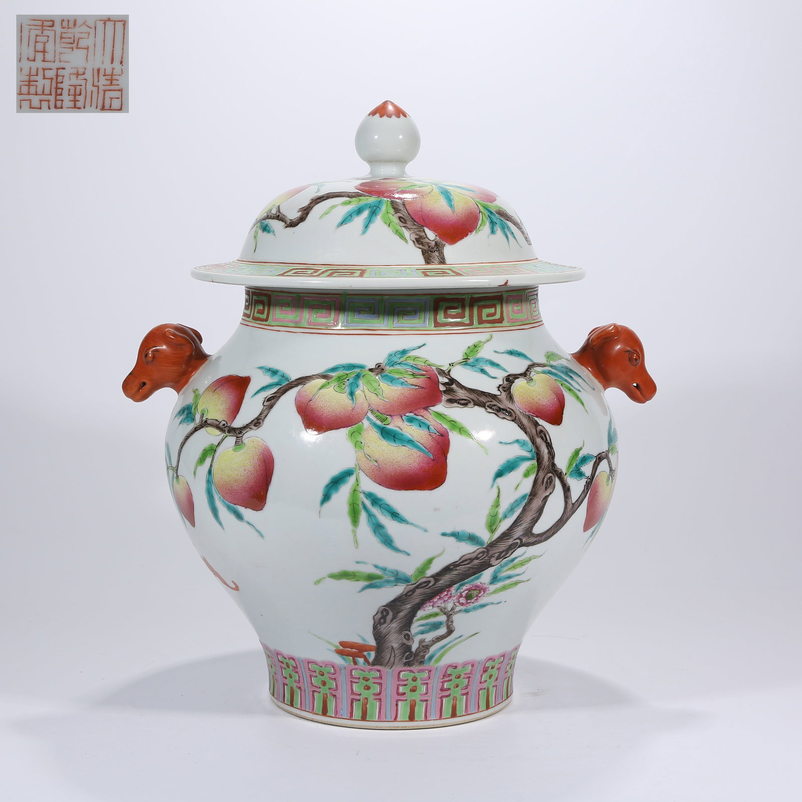A FAMILLE ROSE COVERED JAR WITH BEAST HANDLES (1 of 10)