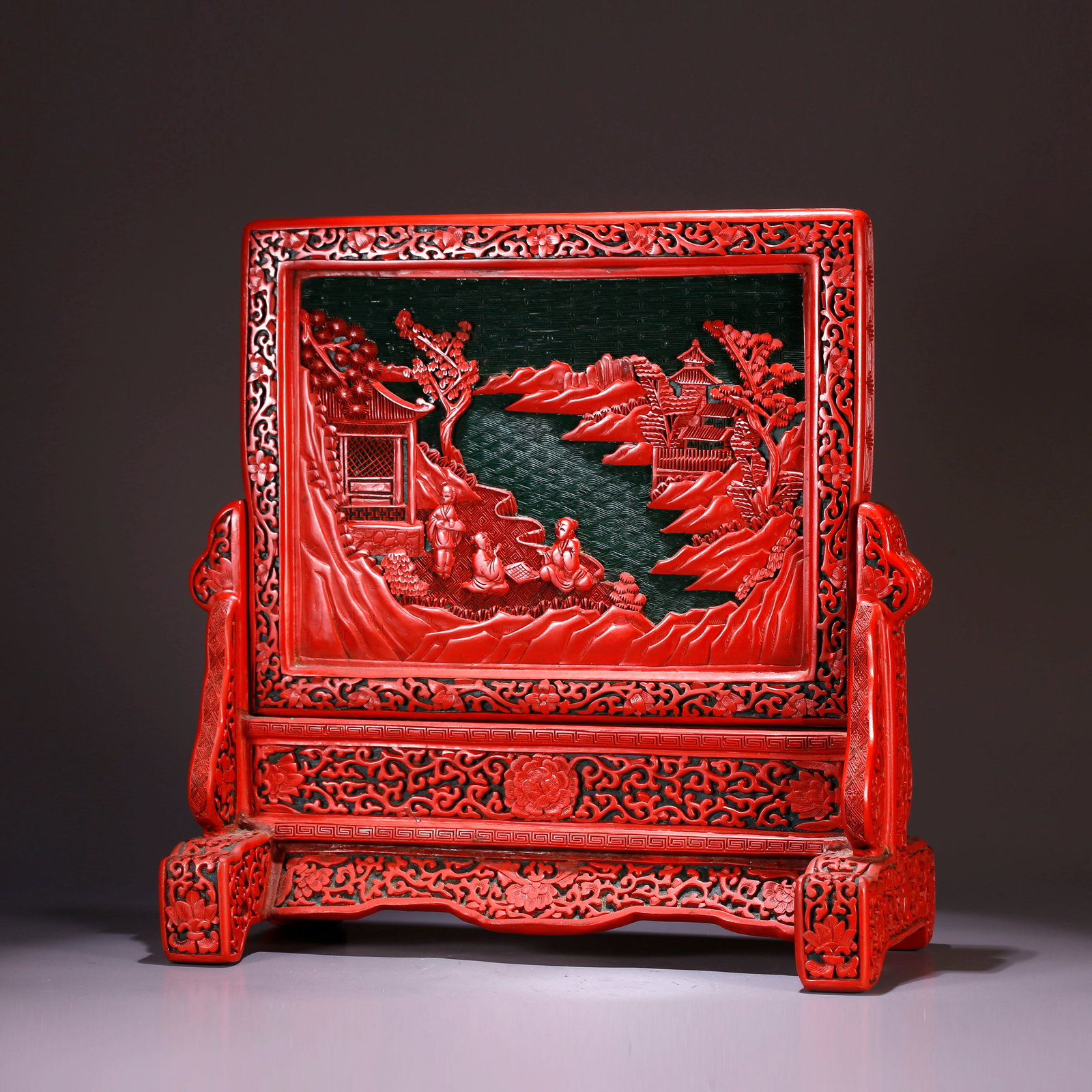 A CINNABAR LACQUER SCREEN WITH LANDSCAPE AND FIGURE PATTERN (1 of 9)