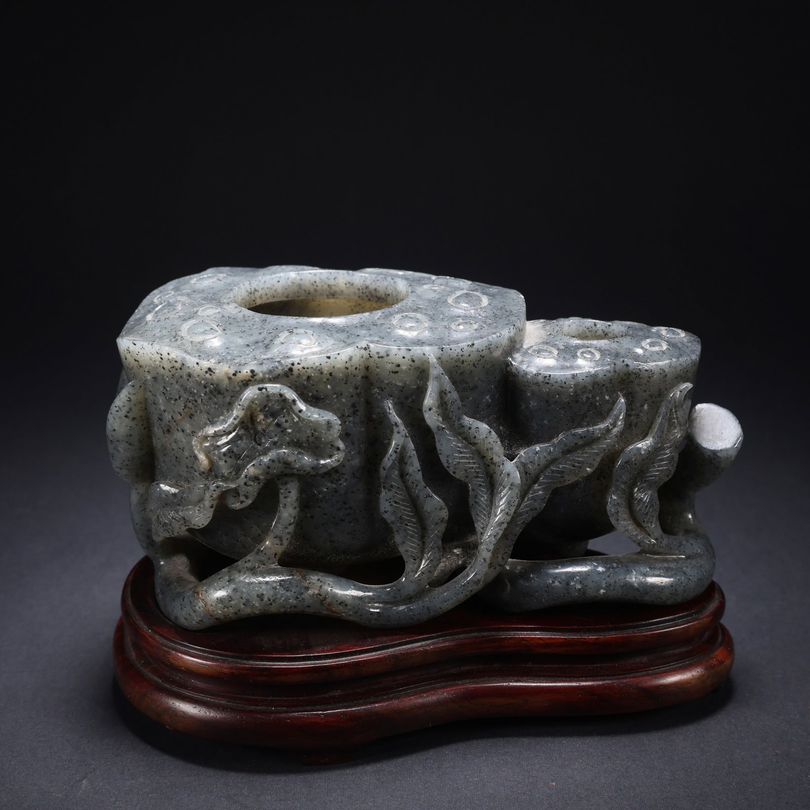 A HETIAN JADE DOUBLE-LINKED WATER POT ON WOODEN BASE (1 of 9)