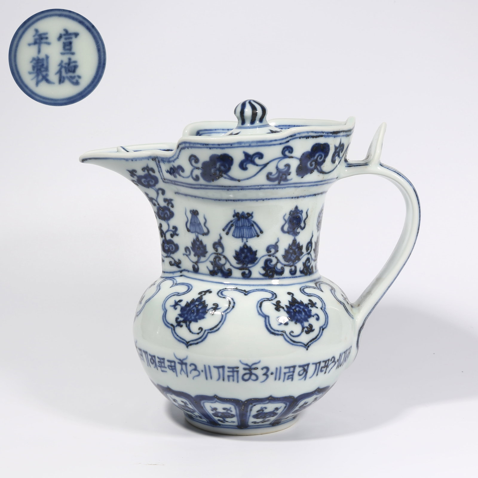 A BLUE AND WHITE SANSKRIT MONK'S HAT TEAPOT (1 of 9)
