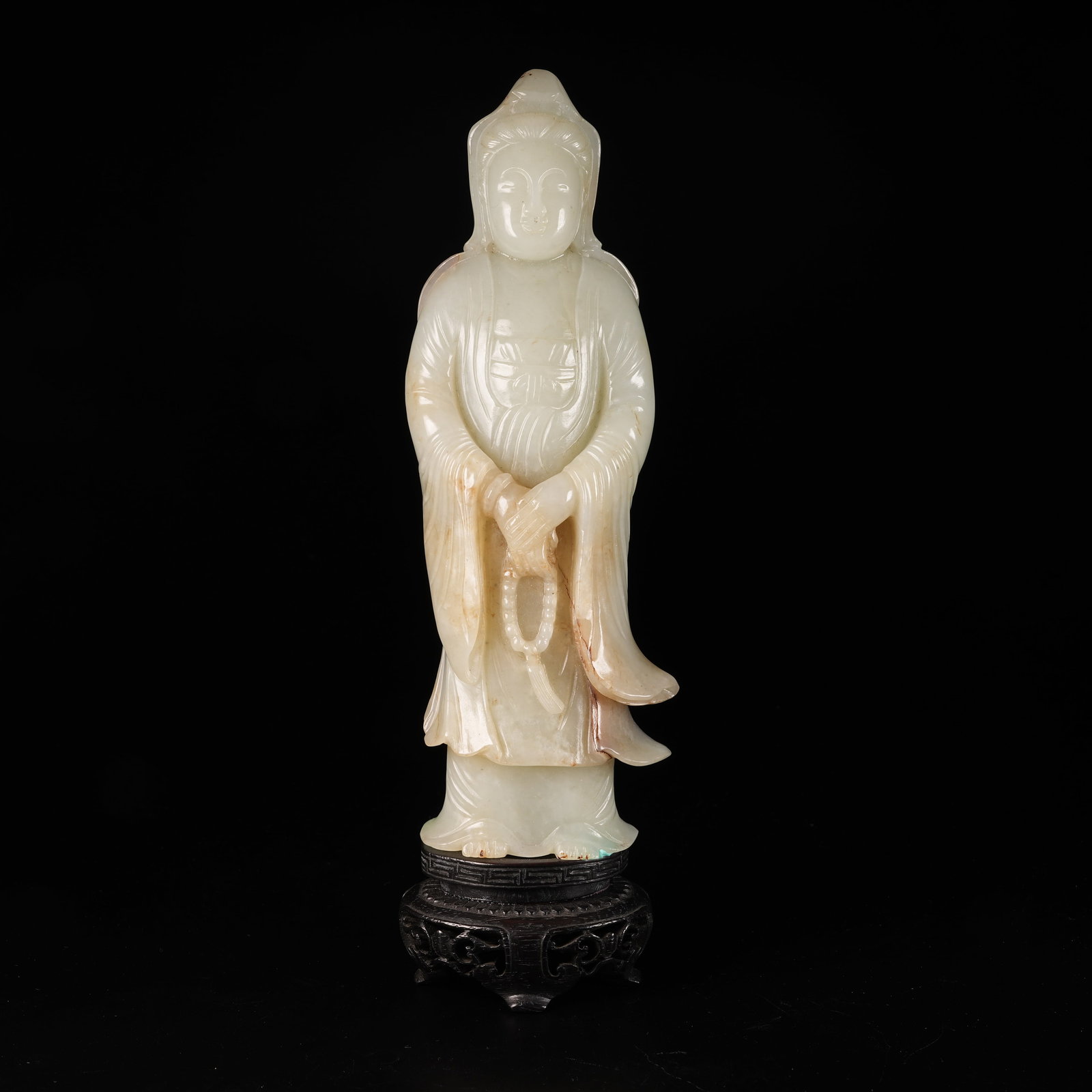 A HETIAN JADE STANDING GUANYIN STATUE: Hetian Jade Standing Guanyin Statue