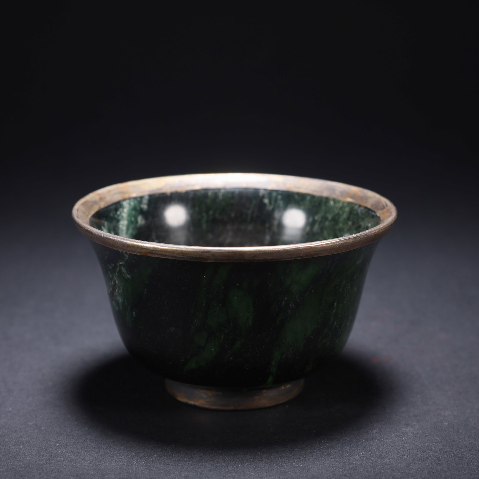 A HETIAN INK JADE WINE CUP WITH SILVER MOUNT: Hetian Ink Jade Wine Cup with Silver Mount