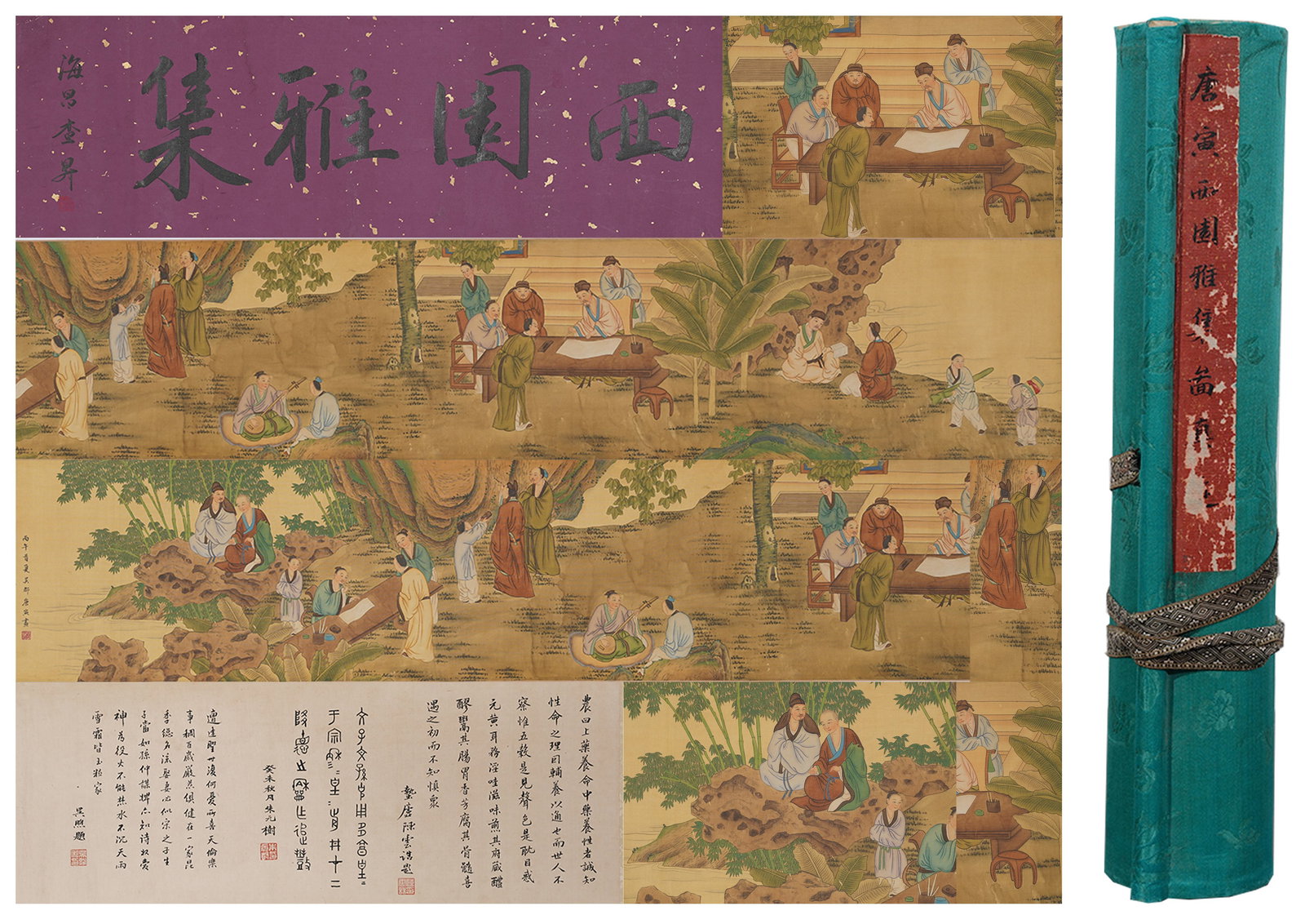 A ELEGANT GATHERING IN THE WESTERN GARDEN PAINTING HANDSCROLL ON SILK BY TANG BOHU.唐伯: Elegant Gathering in the Western Garden Painting Handscroll on Silk by Tang Bohu.唐伯虎