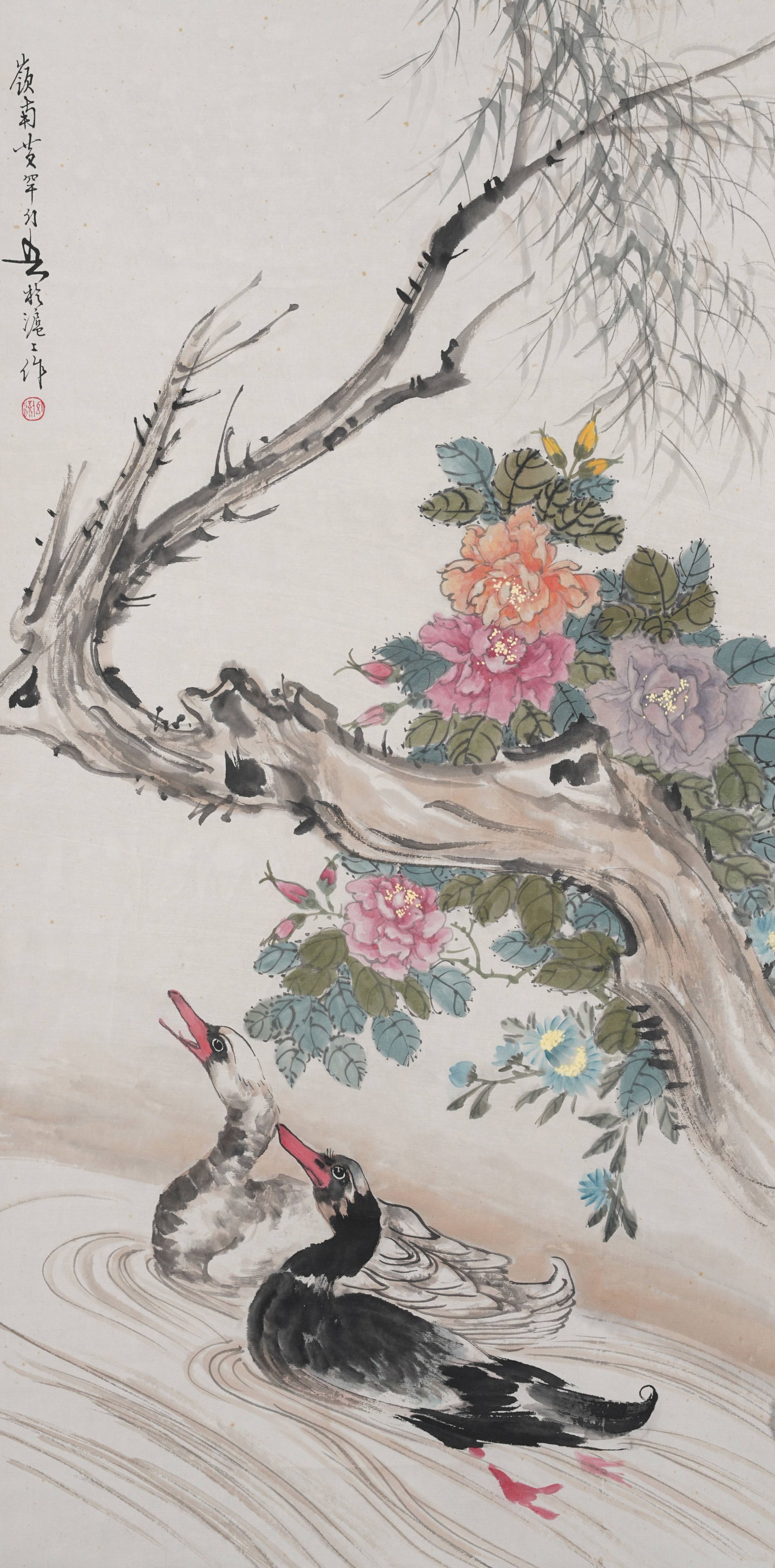 A FLOWER AND BIRD PAINTING ON PAPER BY HUANG HUANWU.黃幻吾: Flower and Bird Painting on Paper by Huang Huanwu.黃幻吾
