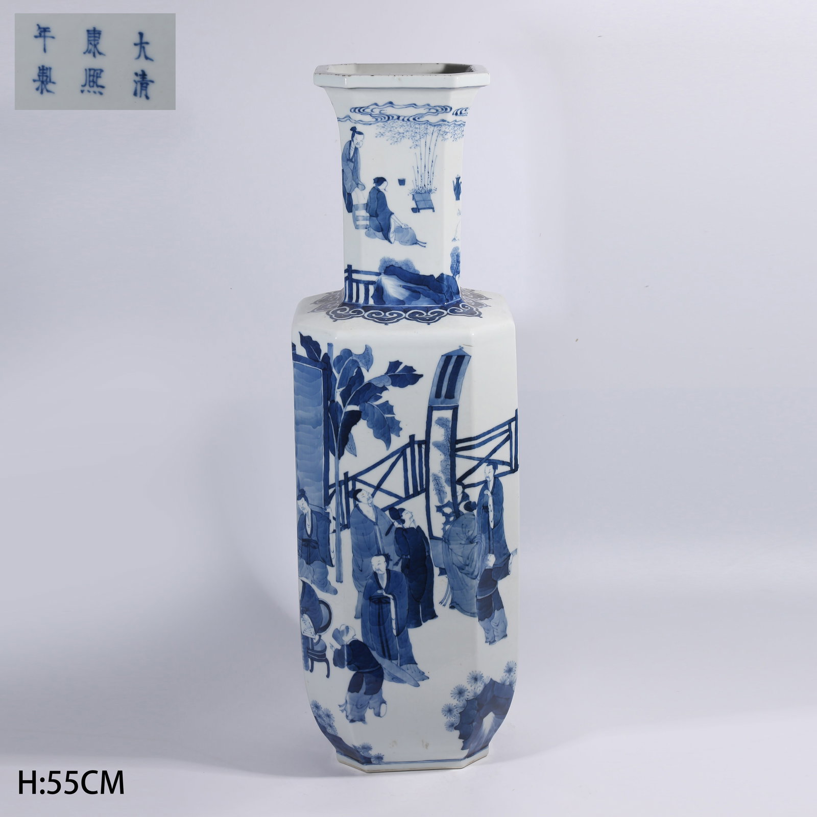 A BLUE-AND-WHITE DRUM-SHAPED VASE WITH SEVEN SAGES IN BAMBOO FOREST PATTERN (1 of 9)