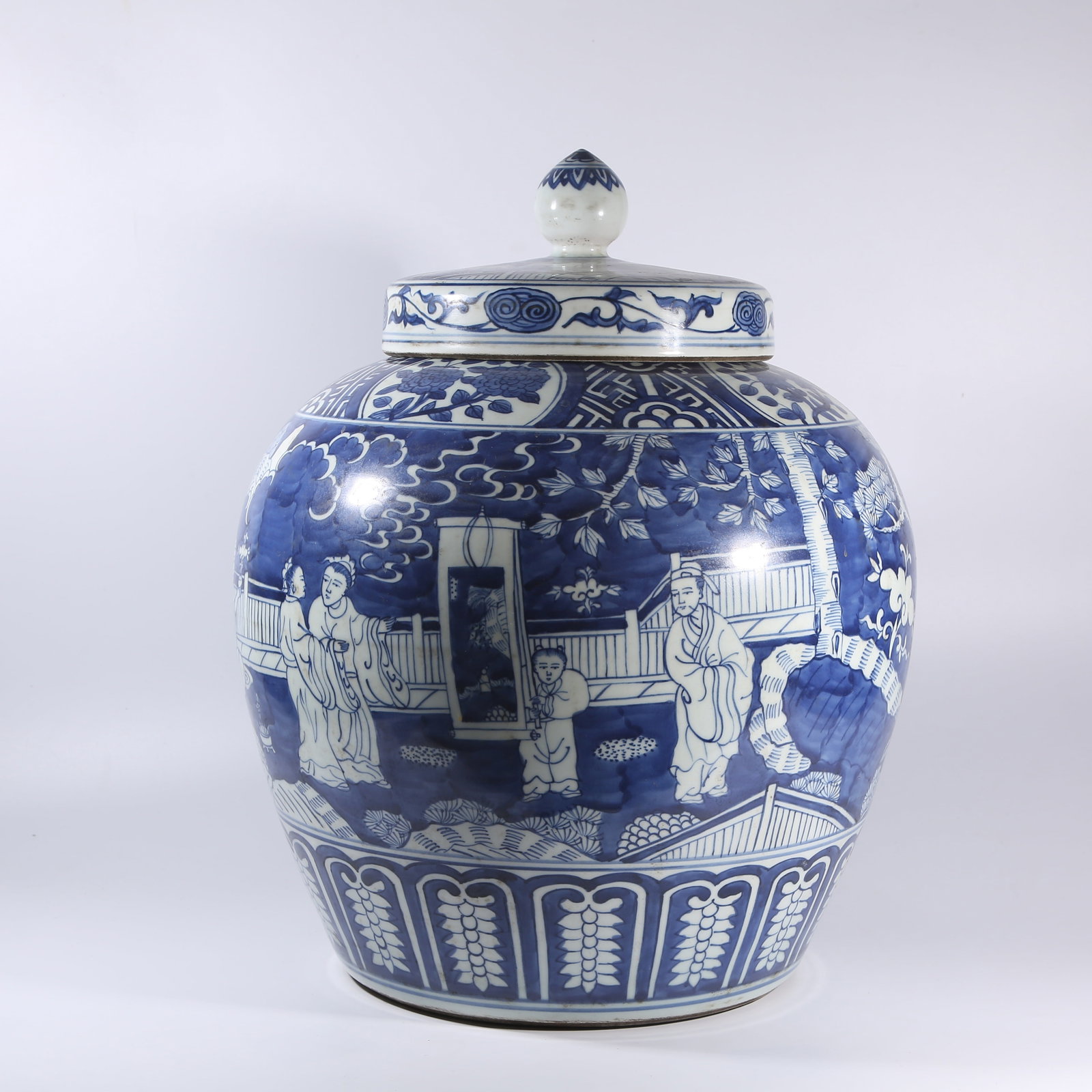 A BLUE-AND-WHITE COVERED JAR WITH RESERVED-WHITE FIGURE STORY MOTIFS (1 of 10)