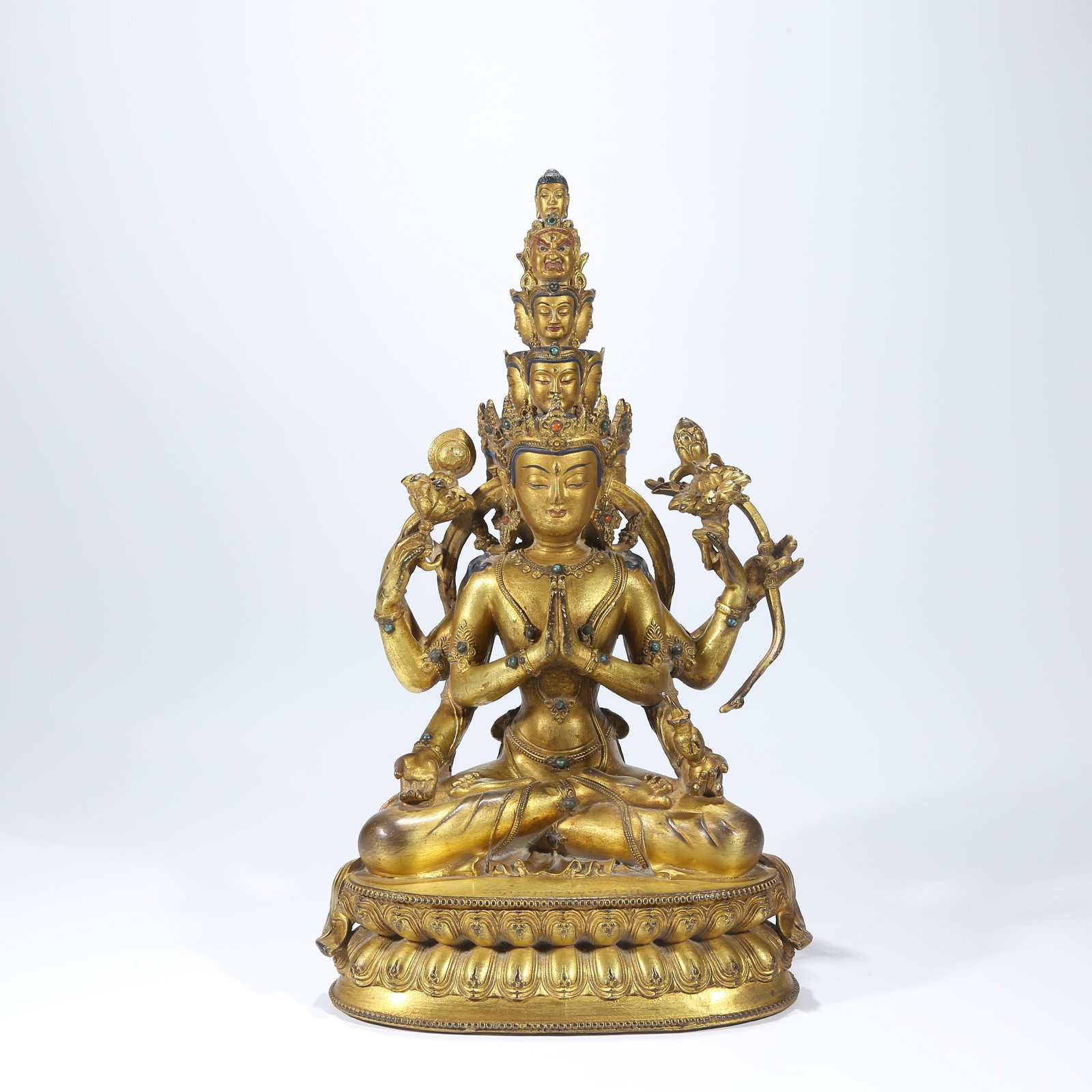 A GILT BRONZE ELEVEN-FACED GUANYIN STATUE INLAID WITH GEMSTONES (1 of 8)