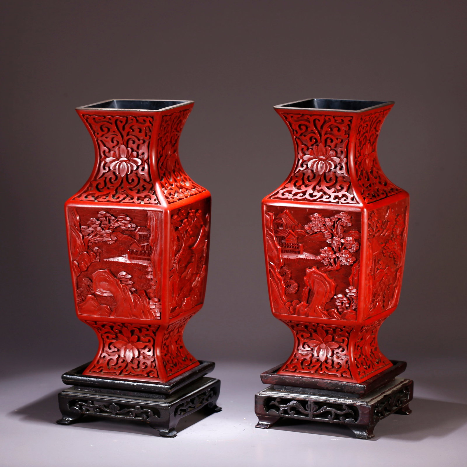 A CINNABAR LACQUER SQUARE VASE WITH LANDSCAPE PATTERN (PAIR) (1 of 11)