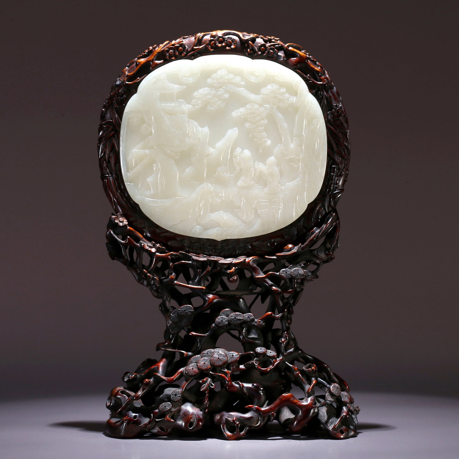 A ZITAN WOOD SCREEN CARVED AND INLAID WITH HETIAN JADE, NARRATIVE FIGURE PATTERN (1 of 9)