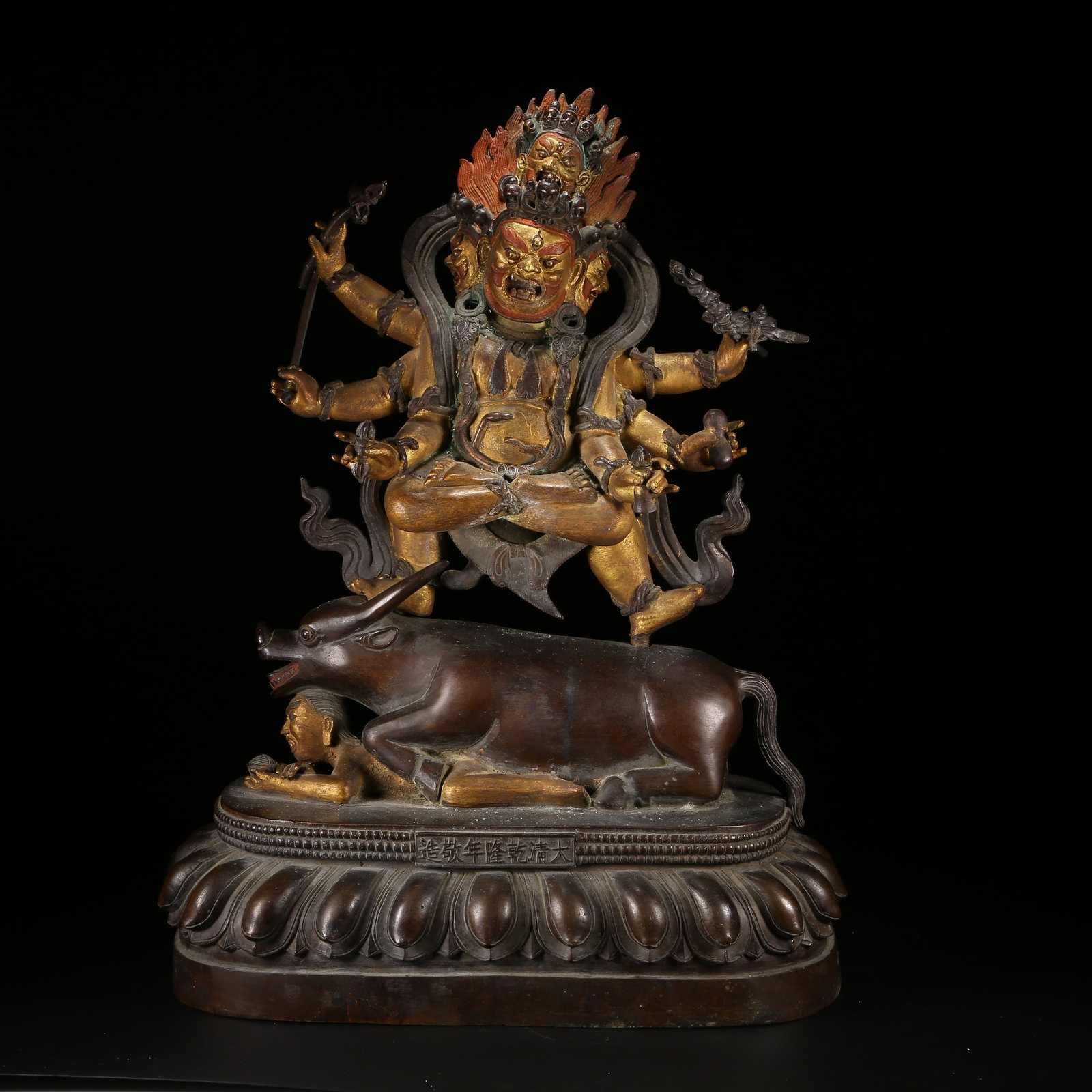 A GILT AND BRONZE ALLOY SIX-TIERED BUDDHIST TOWER STYLE RED YAMA ENEMY STATUE (1 of 8)