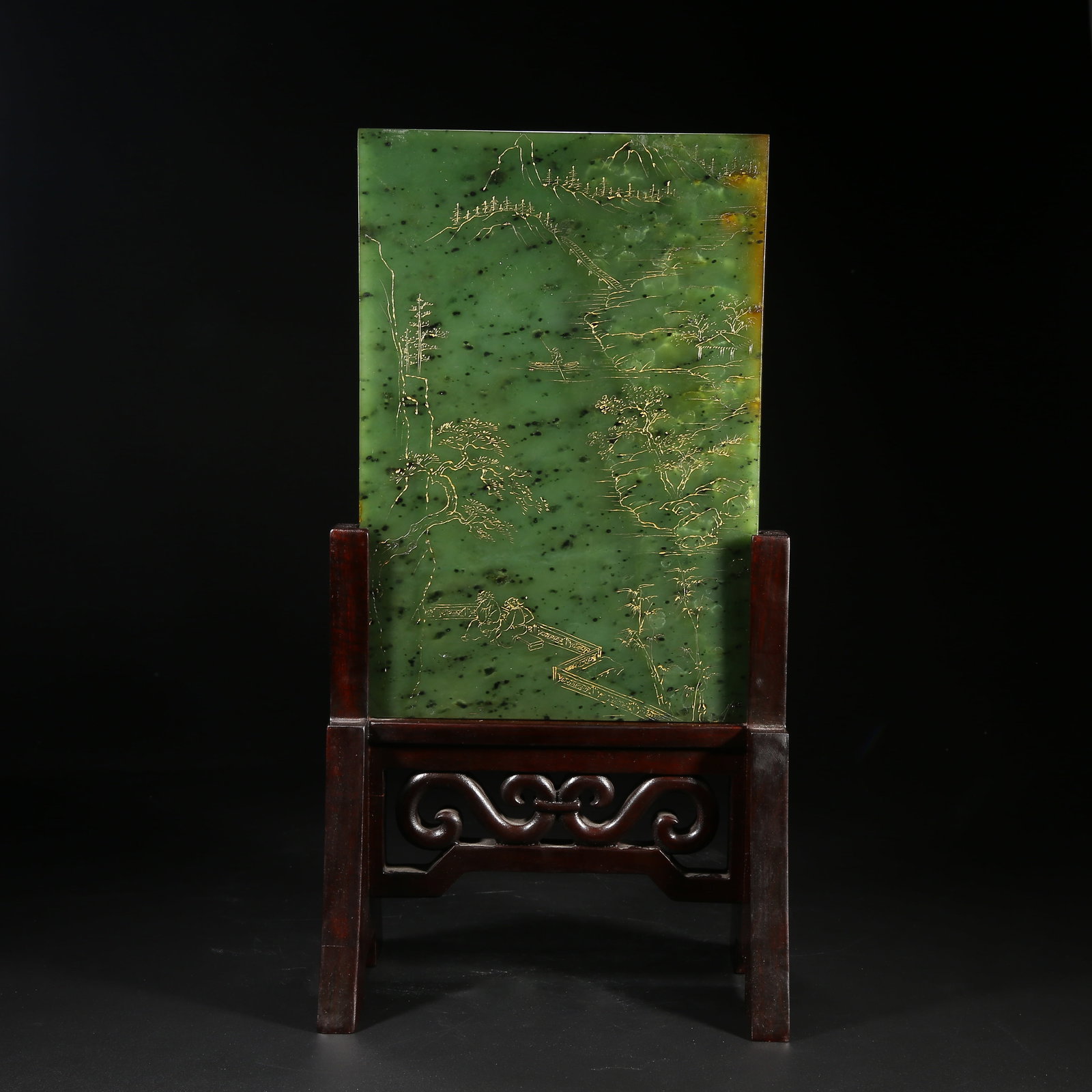 A HETIAN GREEN JADE GILT LANDSCAPE SCREEN (1 of 9)