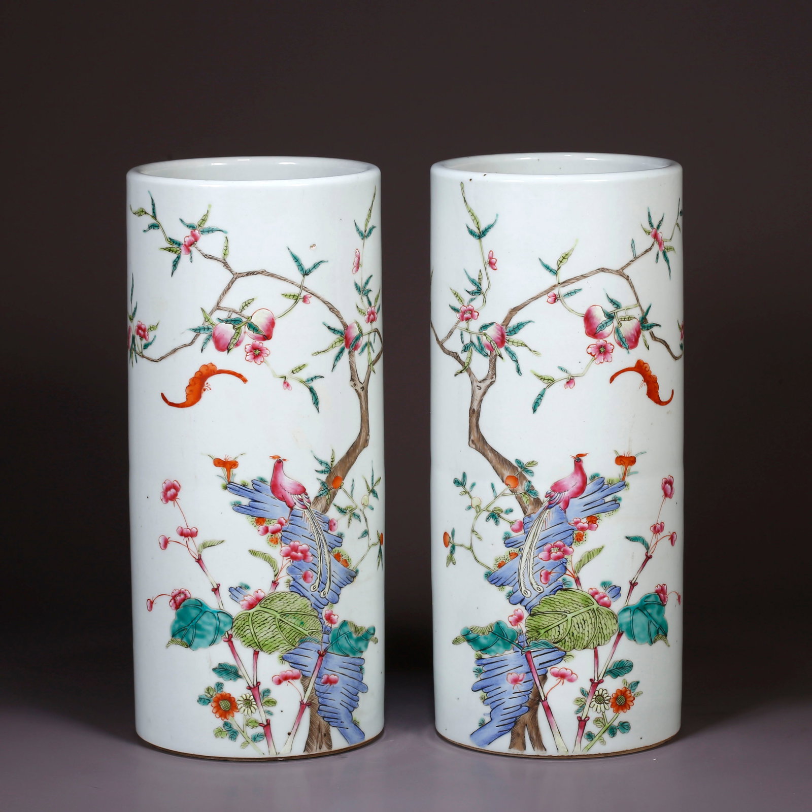 A FAMILLE ROSE FLOWER-AND-BIRD HAT-FORM VASE (PAIR) (1 of 9)