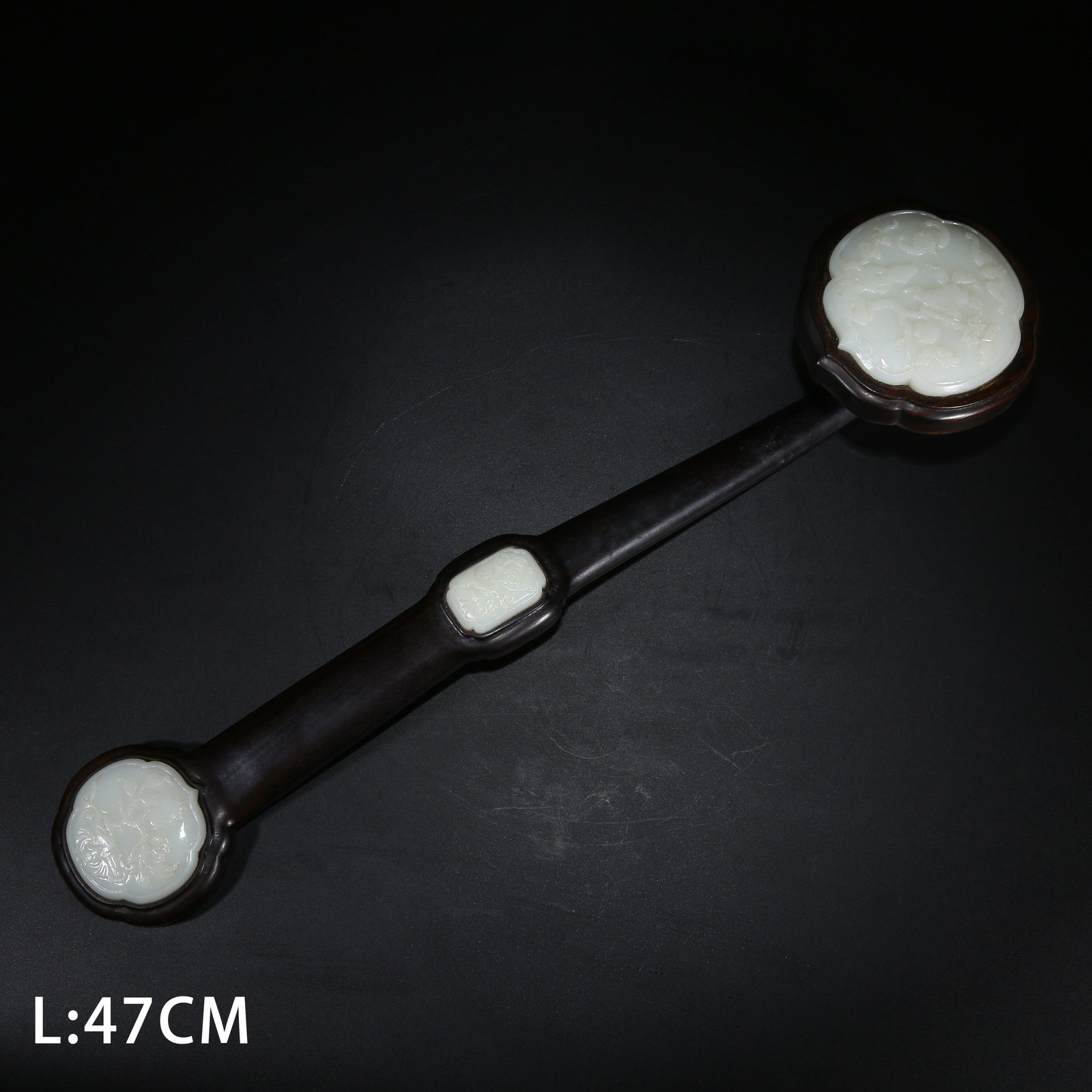 A ZITAN WOOD RUYI SCEPTER INLAID WITH HETIAN WHITE JADE "FORTUNE AND LONGEVITY" PATTERN (1 of 5)
