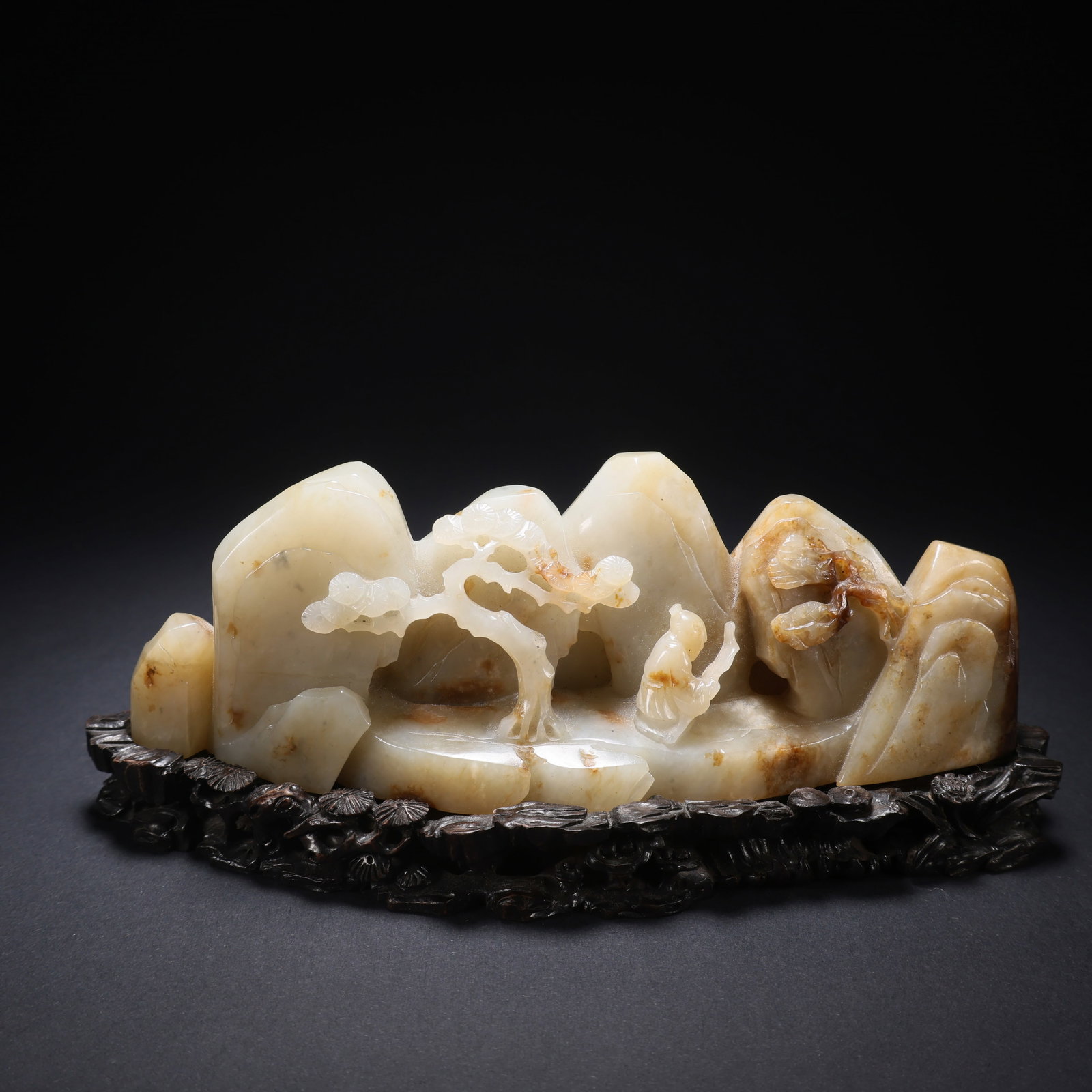 A HETIAN JADE FIGURES AND LANDSCAPE ORNAMENT ON WOODEN BASE: Hetian Jade Figures and Landscape Ornament on Wooden Base