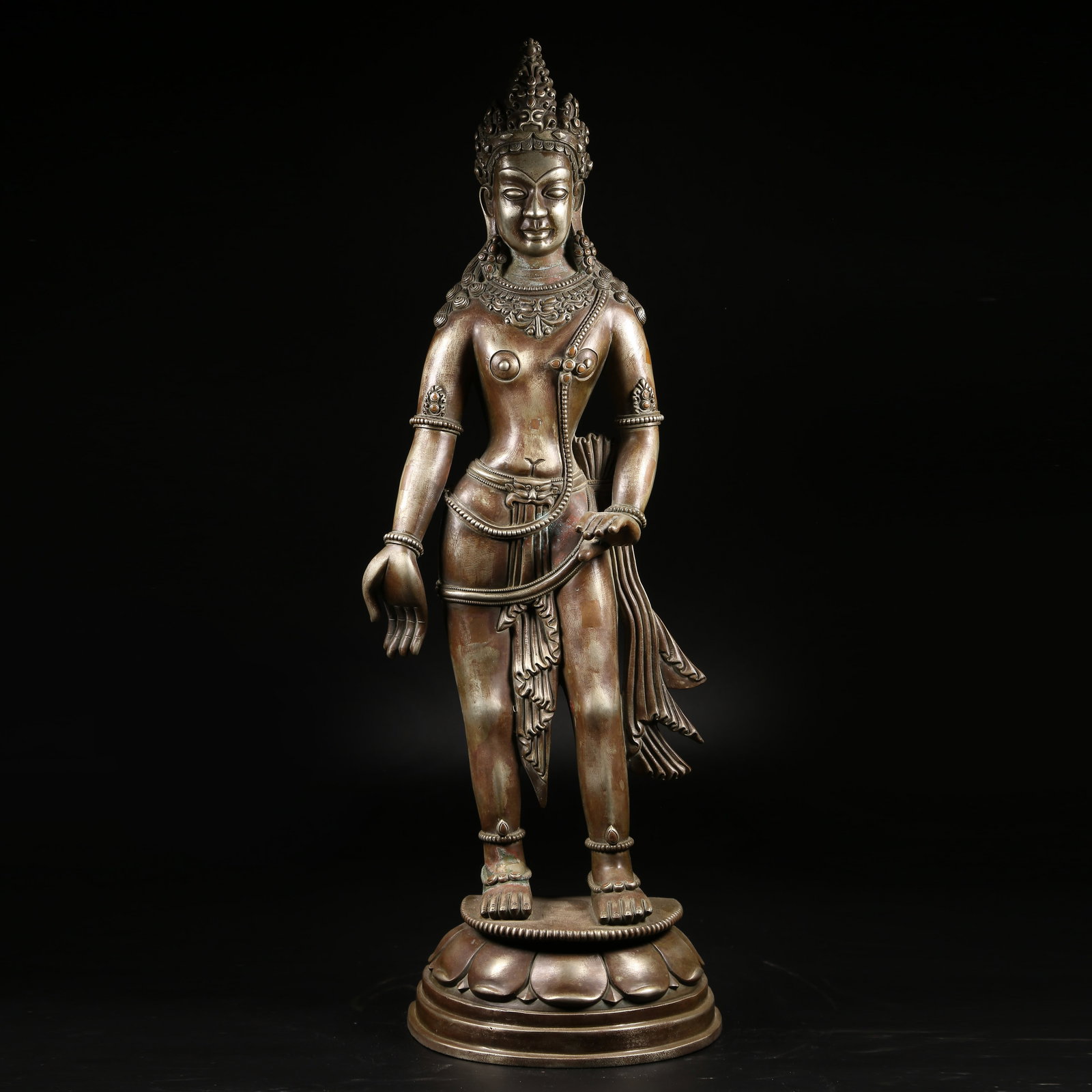 A GILT SILVER STANDING BODHISATTVA STATUE: Gilt Silver Standing Bodhisattva Statue