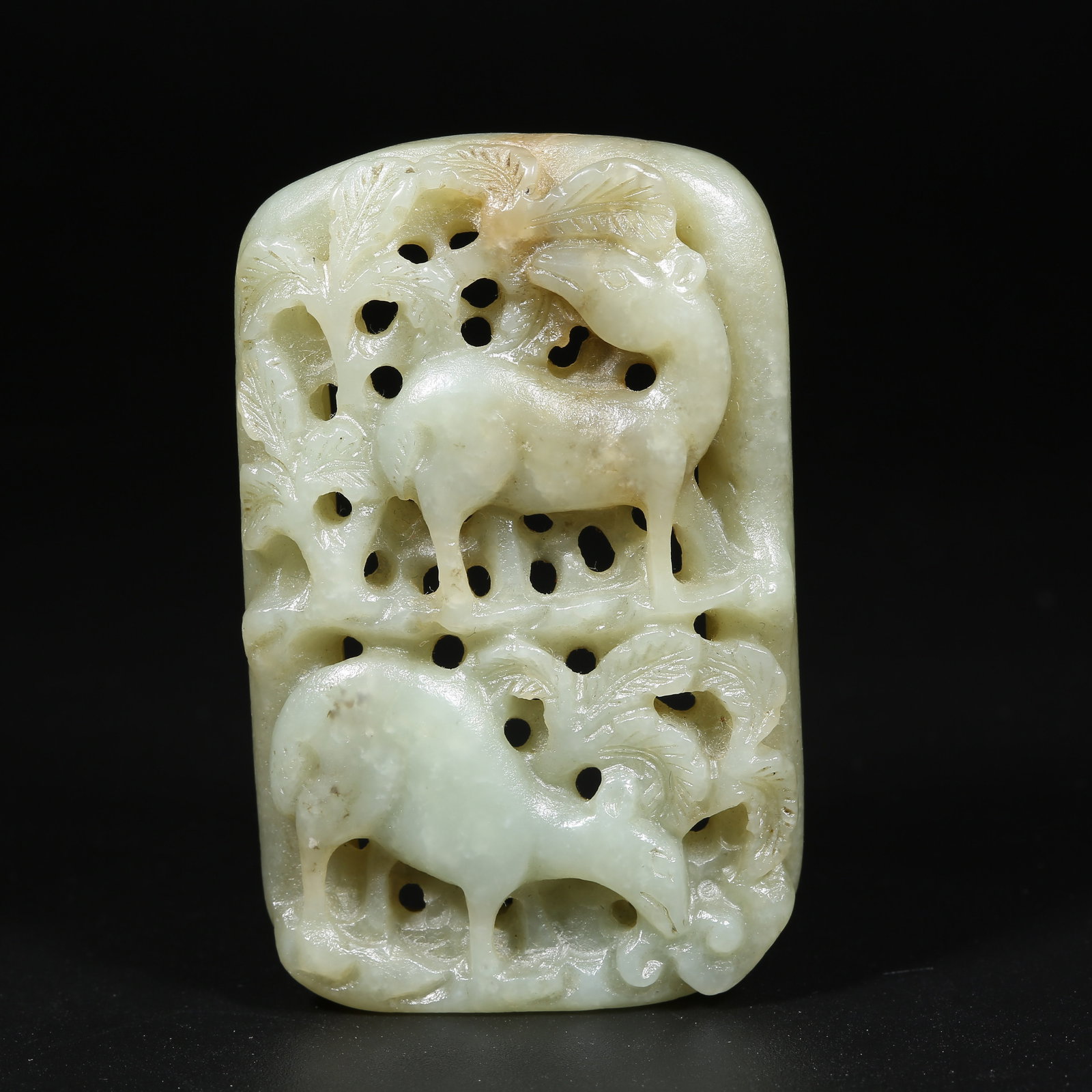 A HETIAN JADE BELT ORNAMENT WITH TWIN DEER MOTIF: Hetian Jade Belt Ornament with Twin Deer Motif