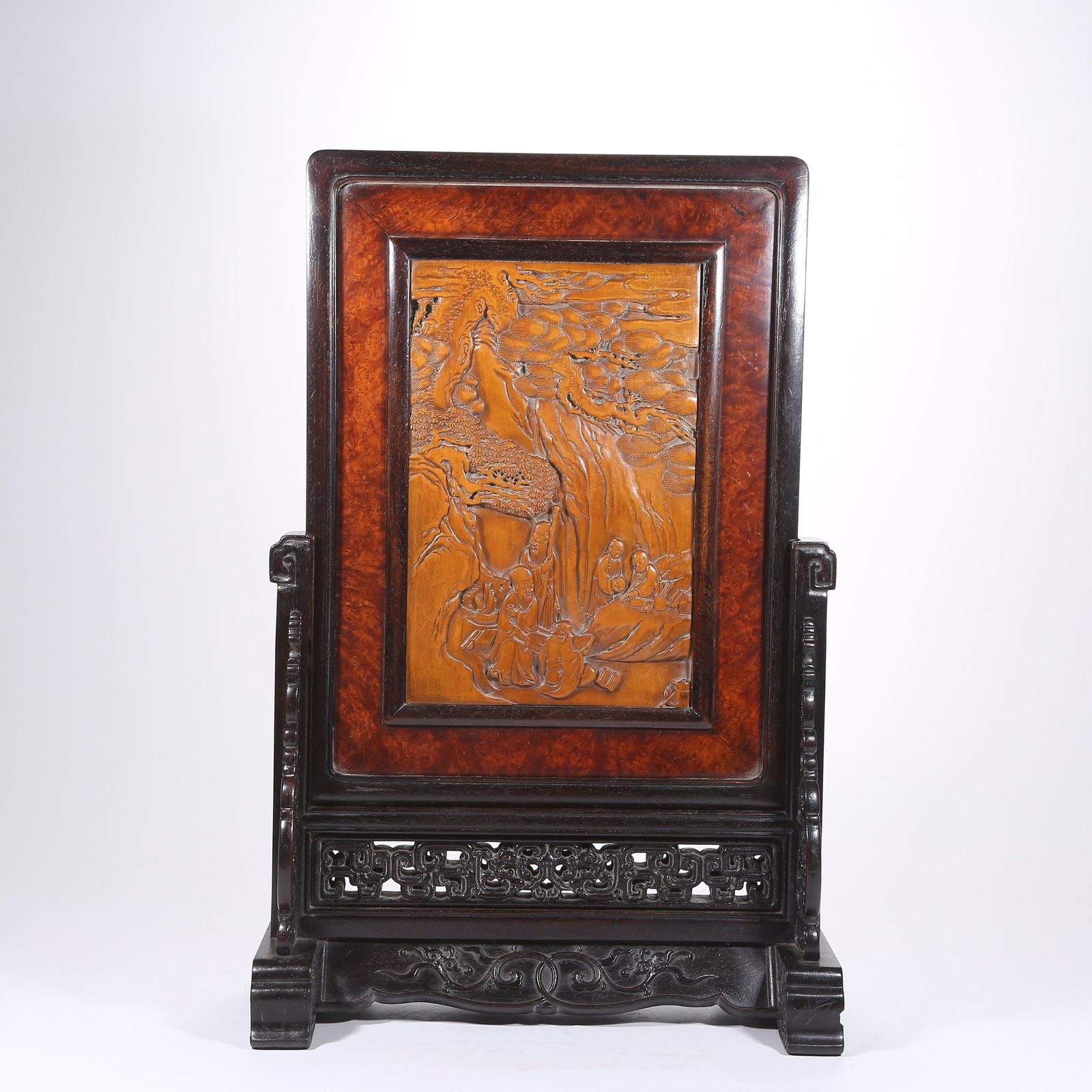 A ZITAN WOOD SCREEN WITH INLAID BOXWOOD, SCHOLAR FIGURES IN ELEGANT GATHERING SCENE: Zitan Wood Screen with Inlaid Boxwood, Scholar Figures in Elegant Gathering Scene