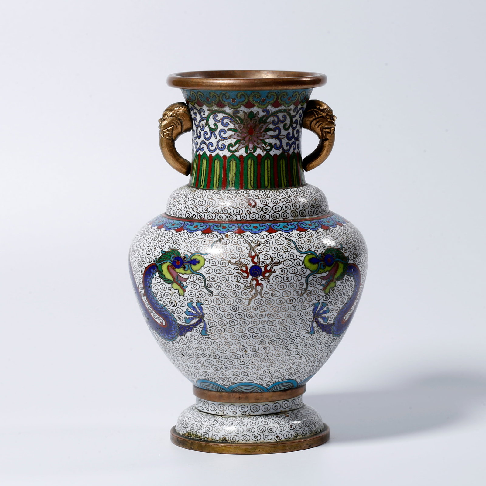 A BRONZE CLOISONNÉ DOUBLE DRAGON PLAYING WITH PEARL PATTERN DOUBLE-HANDLED VASE (1 of 10)