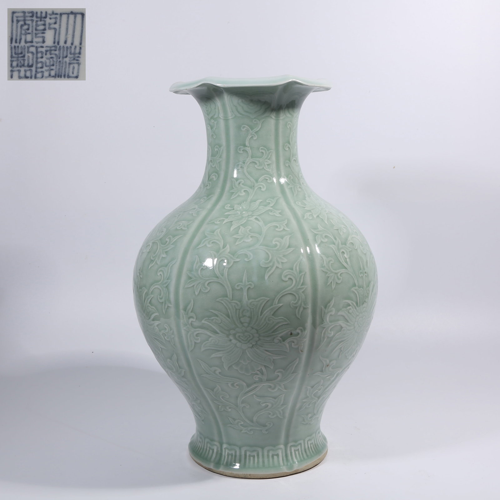 A POWDER-BLUE GLAZE FLOWER-MOUTHED VASE WITH CONTINUOUS FLORAL PATTERN (1 of 9)