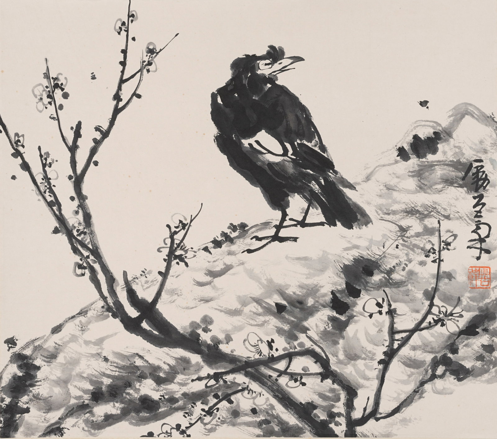 A FLOWER AND BIRD PAINTING ON PAPER BY LI KUCHAN.李苦禪: Flower and Bird Painting on Paper by Li Kuchan.李苦禪