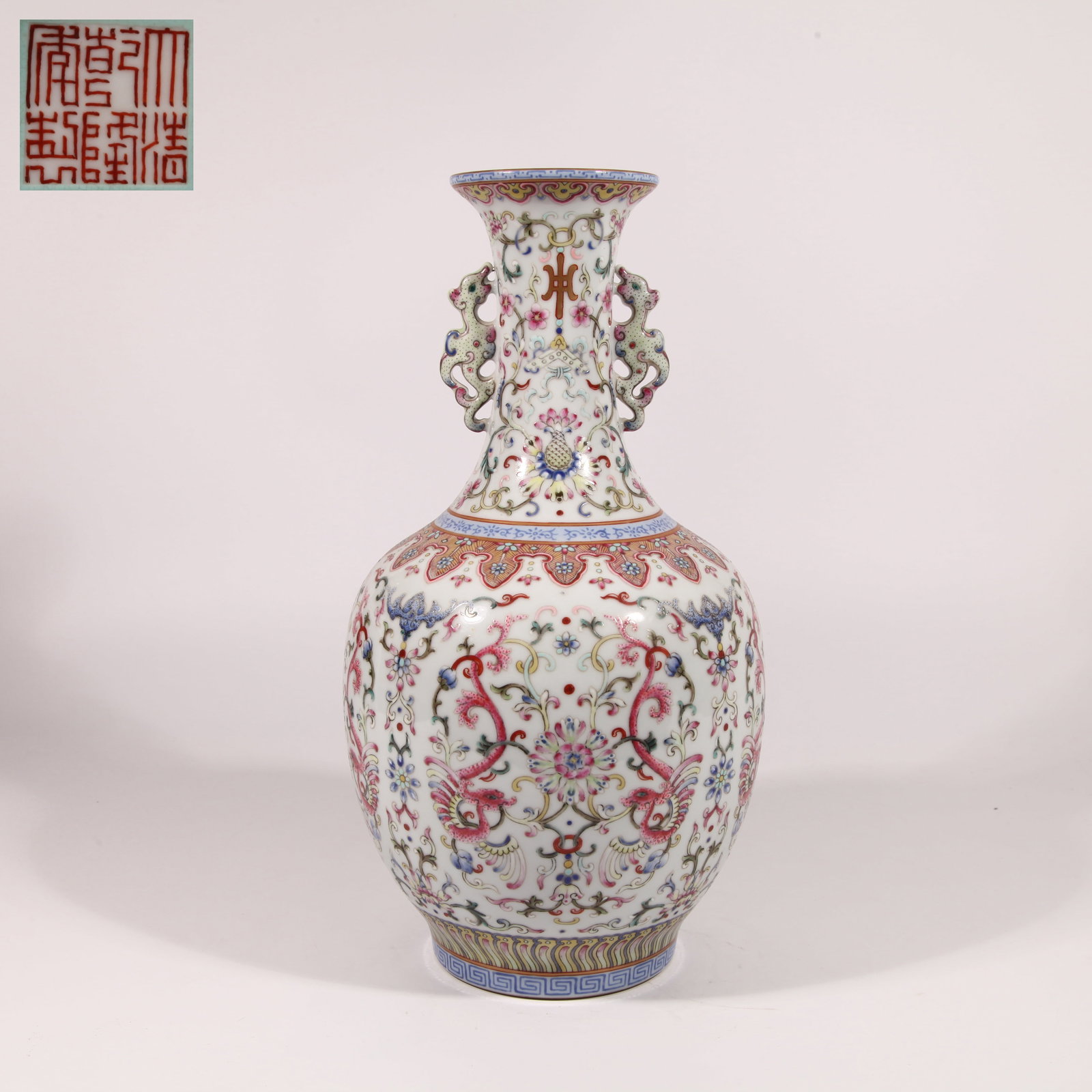 A PHOENIX-HANDLED VASE WITH PHOENIX THROUGH-FLOWER PATTERN IN WUCAI (1 of 9)