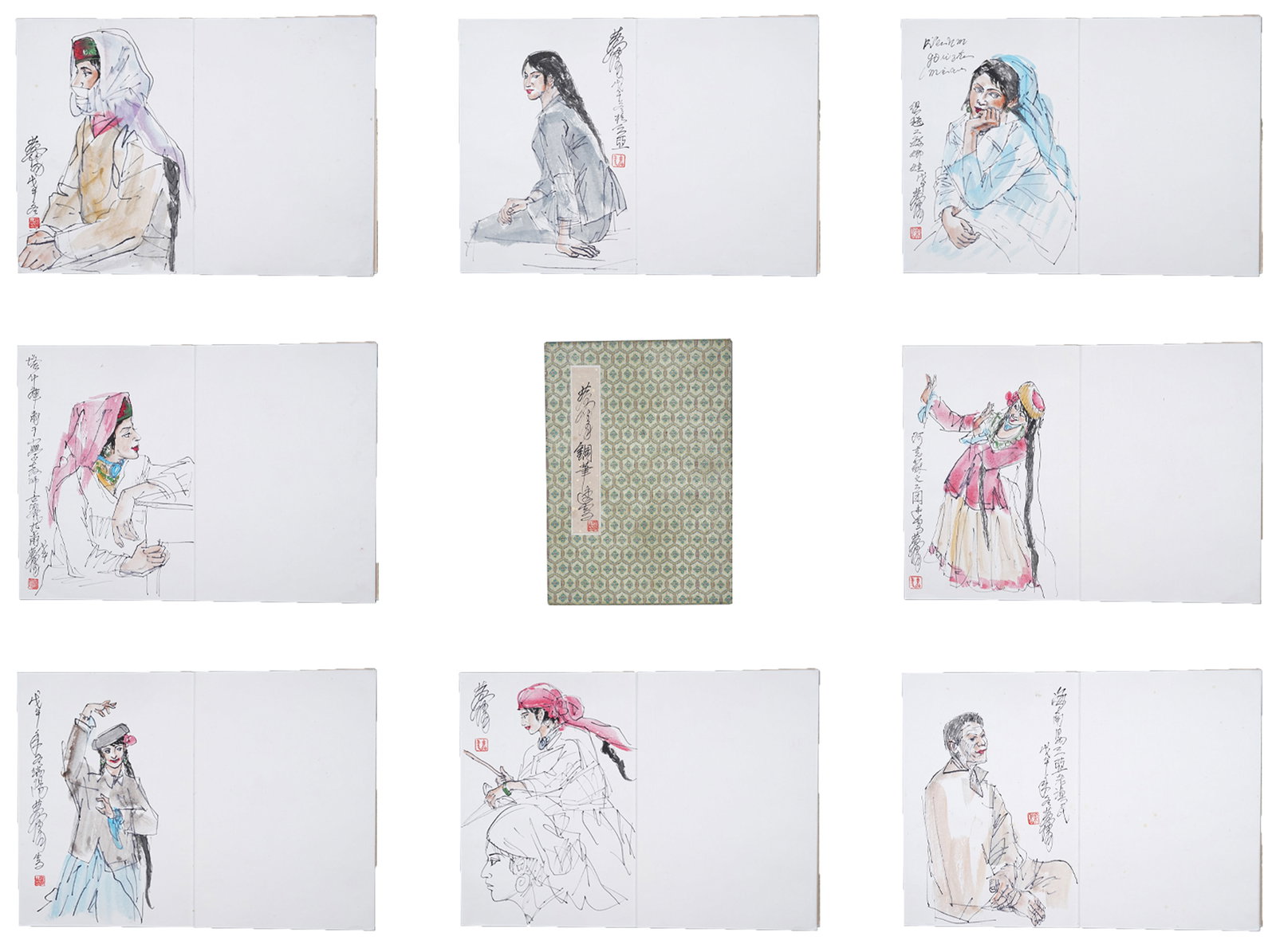 A FIGURE PAINTING ALBUM LEAVES ON PAPER (11 PAGES) BY HUANG ZHOU.黃胄: Figure Painting Album Leaves on Paper (11 pages) by Huang Zhou.黃胄