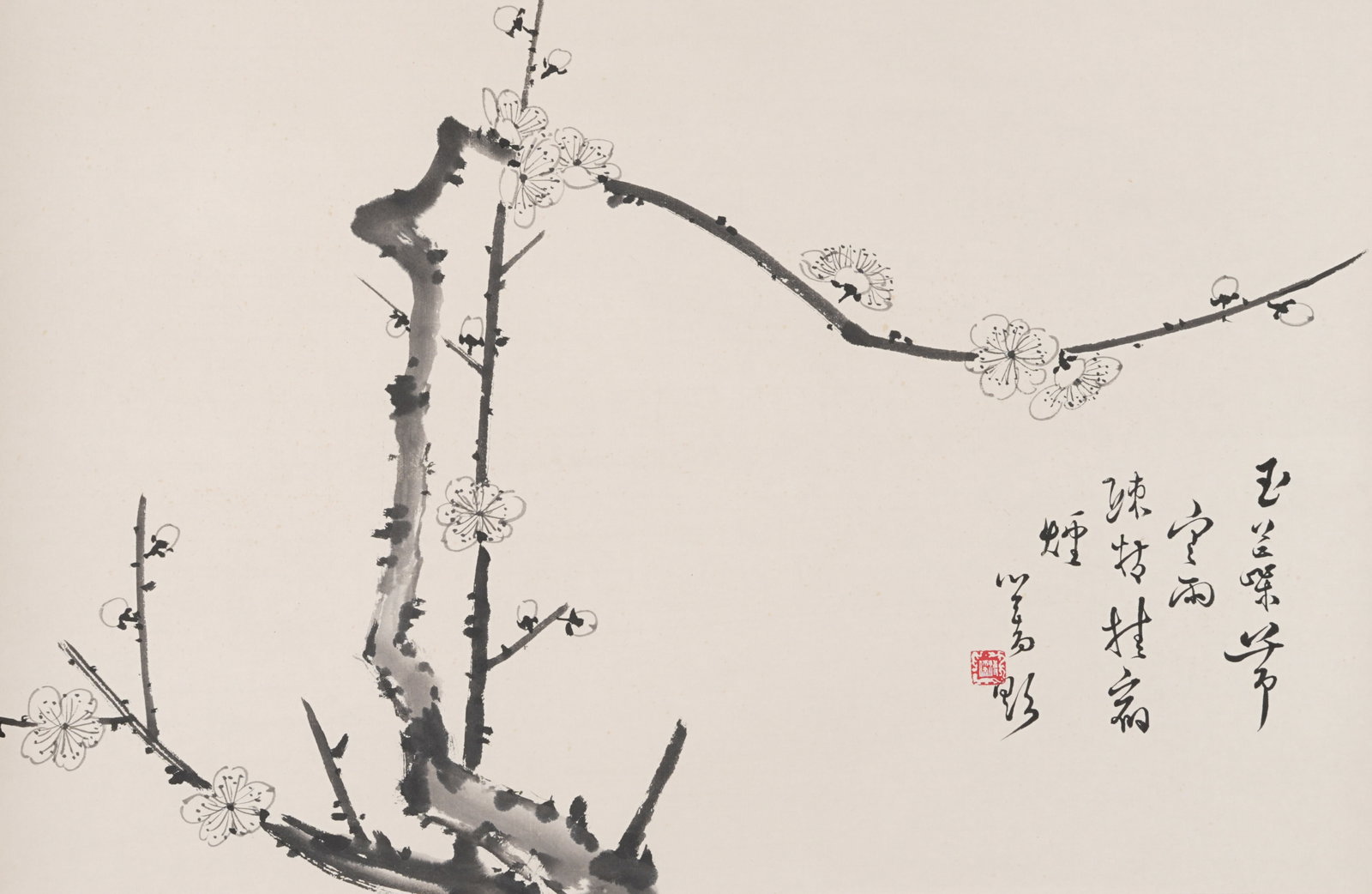 A PLUM BLOSSOM PAINTING ON PAPER BY PU RU.溥儒: Plum Blossom Painting on Paper by Pu Ru.溥儒