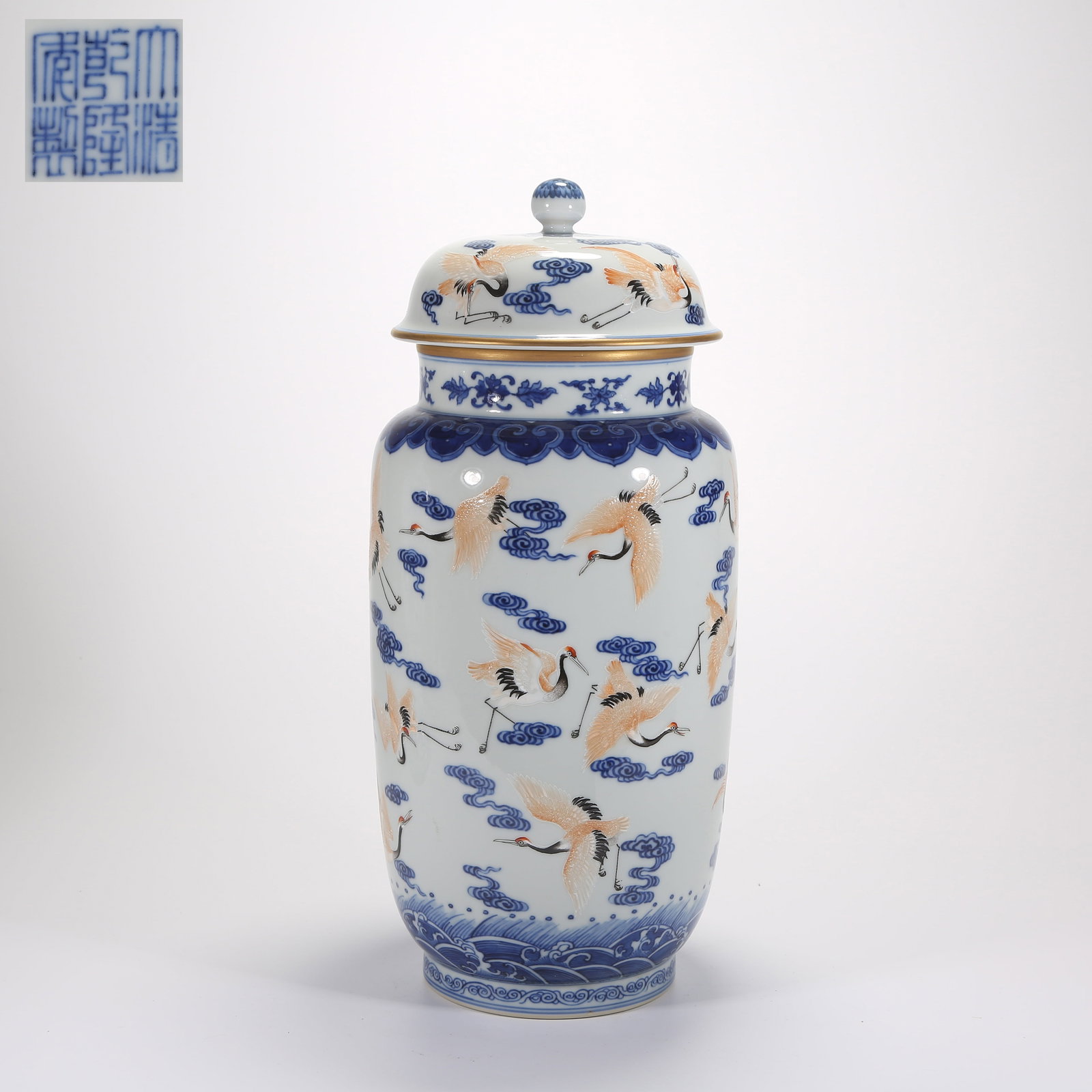 A BLUE-AND-WHITE AND IRON-RED JAR WITH CLOUD-AND-CRANE MOTIF (1 of 9)