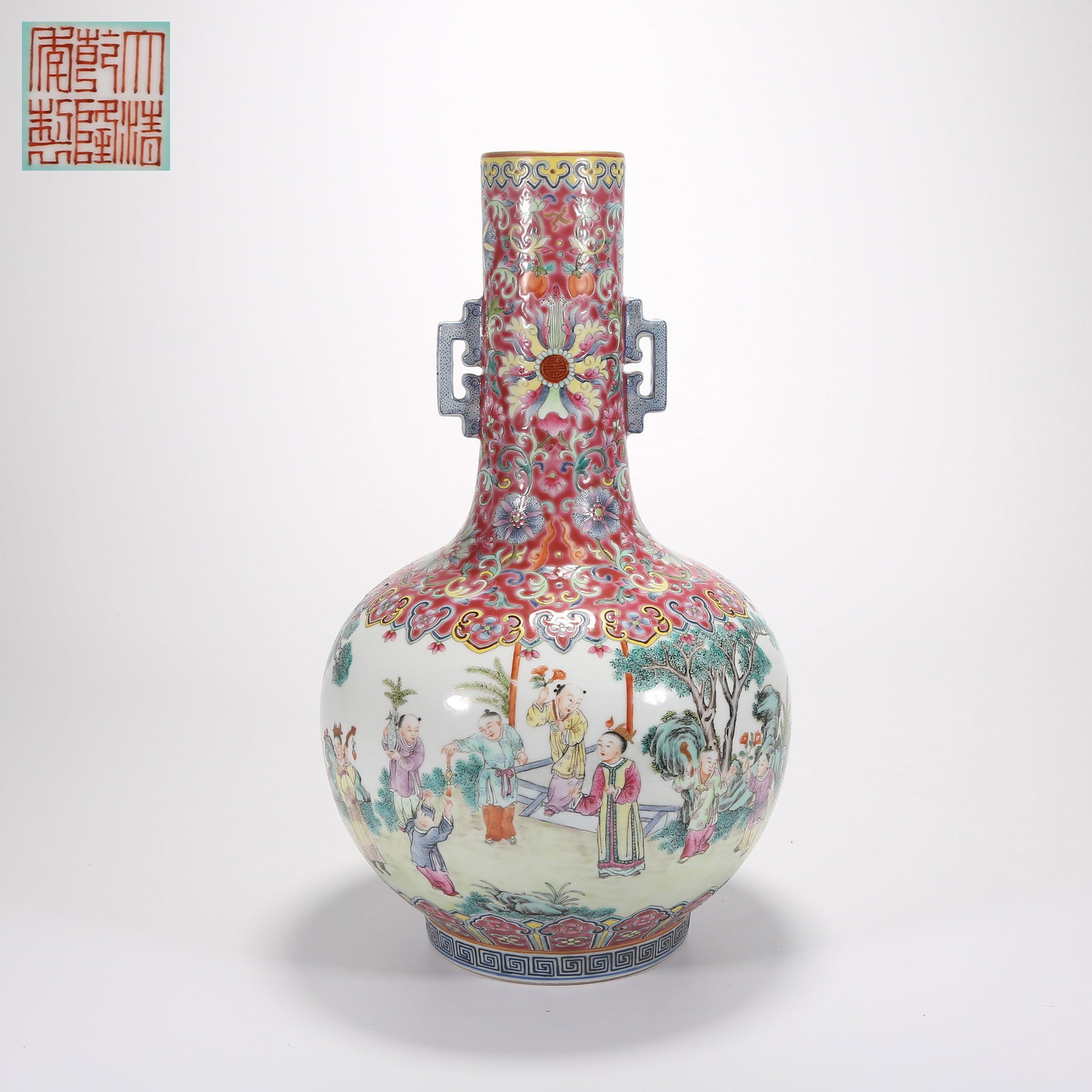 A FAMILLE-ROSE LONG-NECK VASE WITH TWIN HANDLES AND "HUNDRED BOYS AT PLAY" MOTIF (1 of 10)