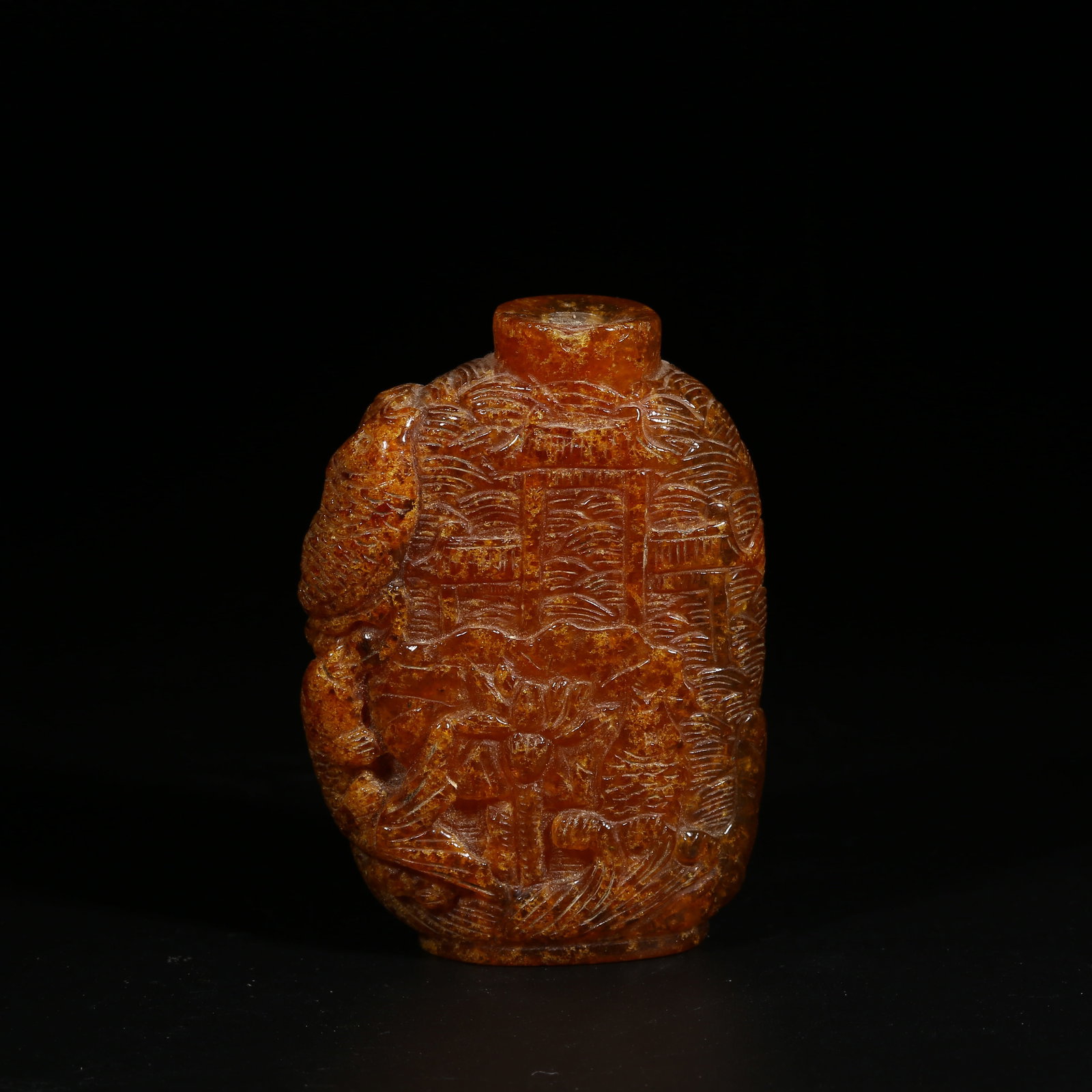A BEESWAX SNUFF BOTTLE WITH FISH-LEAPING DRAGON GATE MOTIF (1 of 9)