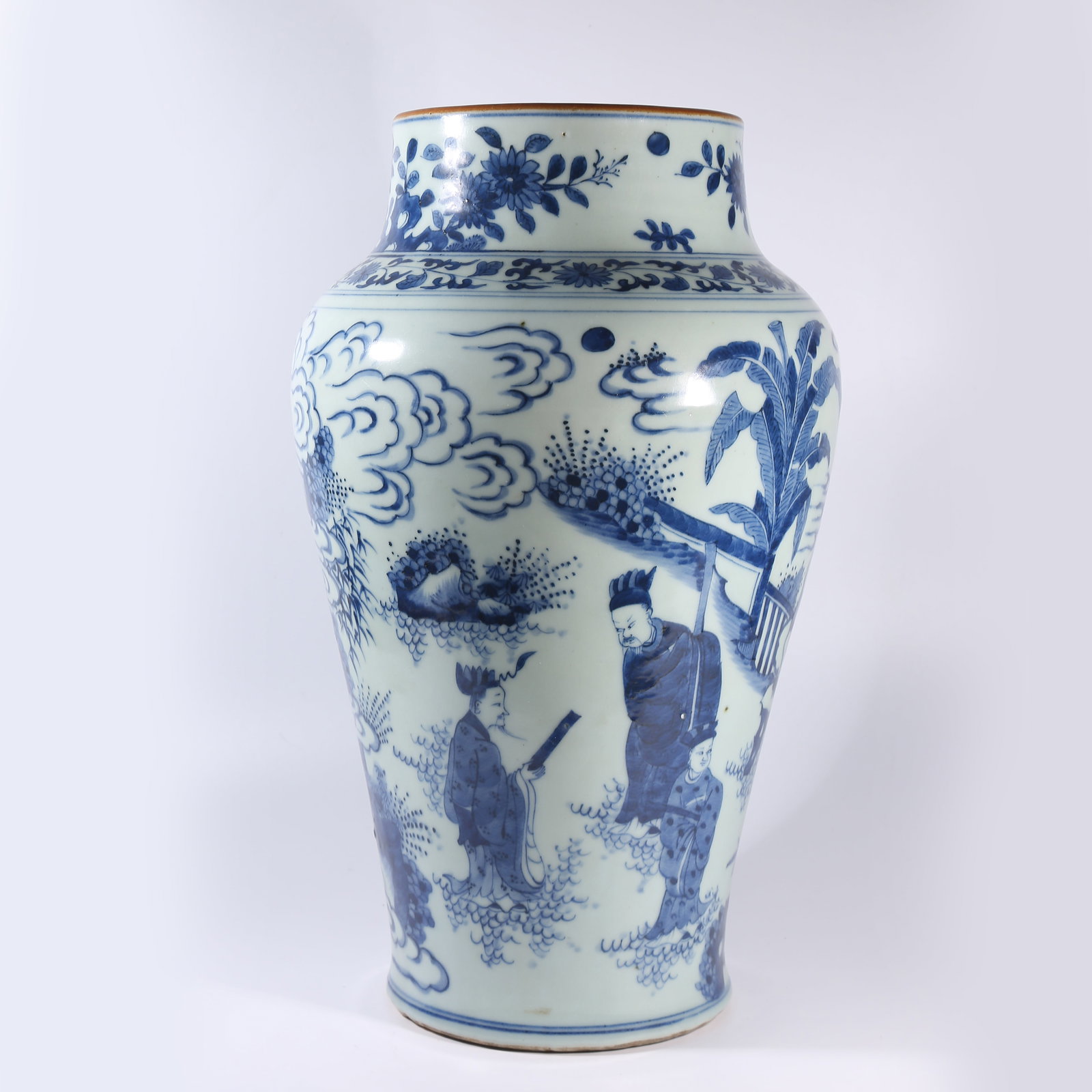A BLUE-AND-WHITE ZUN WITH FIGURE STORY AND PHOENIX MOTIFS: Blue-and-white Zun with Figure Story and Phoenix Motifs