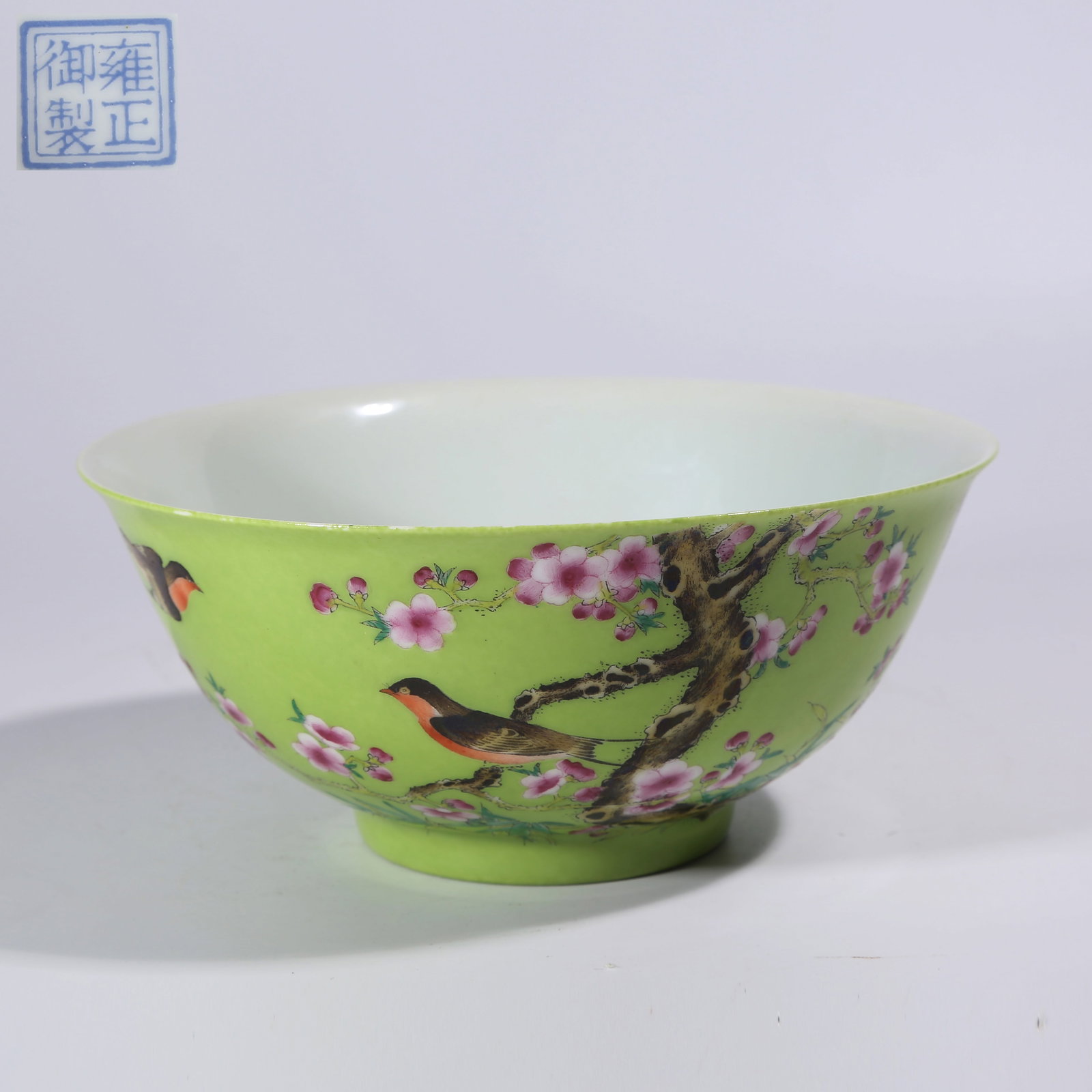 A OLIVE-GREEN GLAZE CLOISONNÉ ENAMEL BOWL WITH "APRICOT GROVE SPRING SWALLOW" PATTERN (1 of 8)
