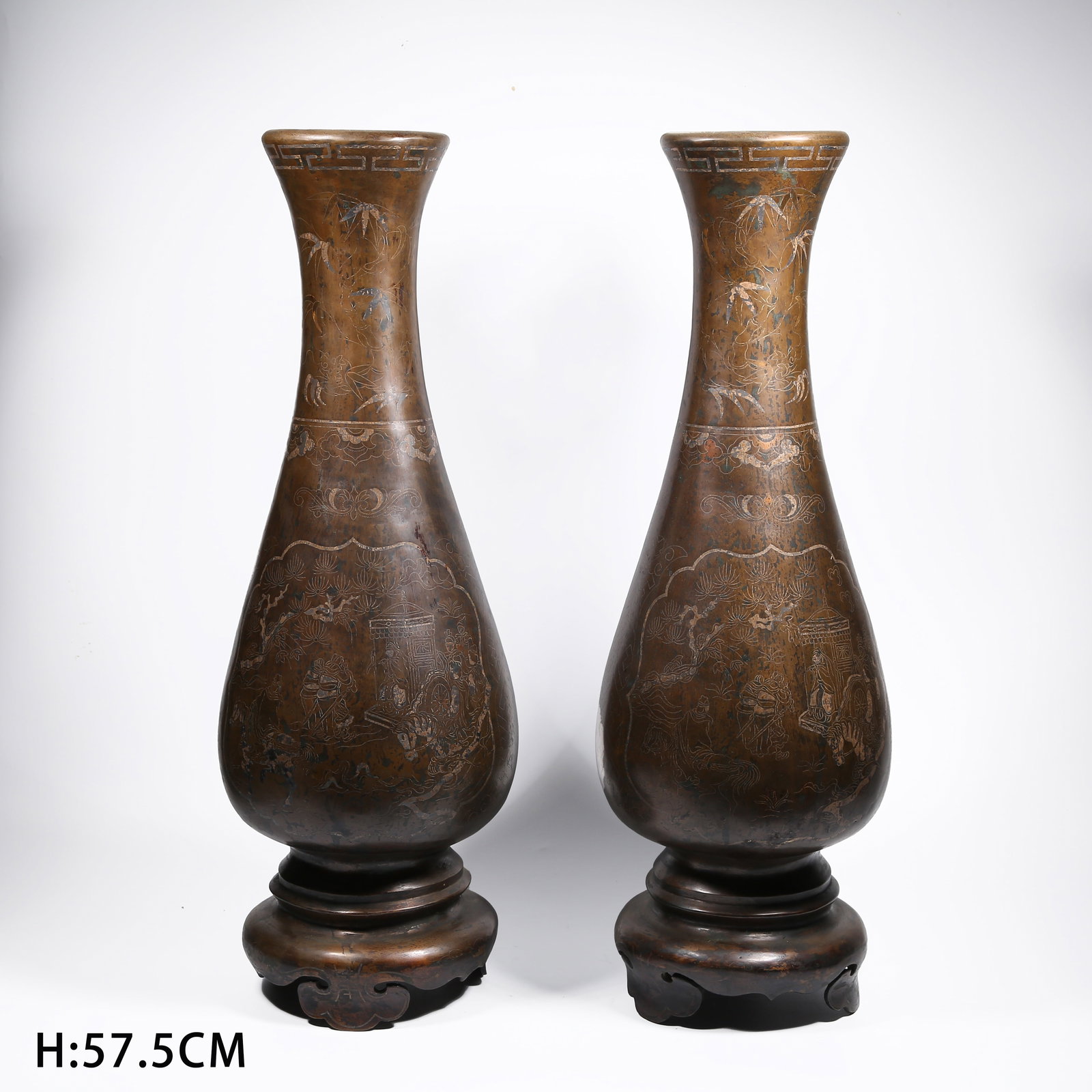 A SET OF BRONZE VASES WITH INLAID SILVER WARRIOR STORY SCENES (1 of 10)